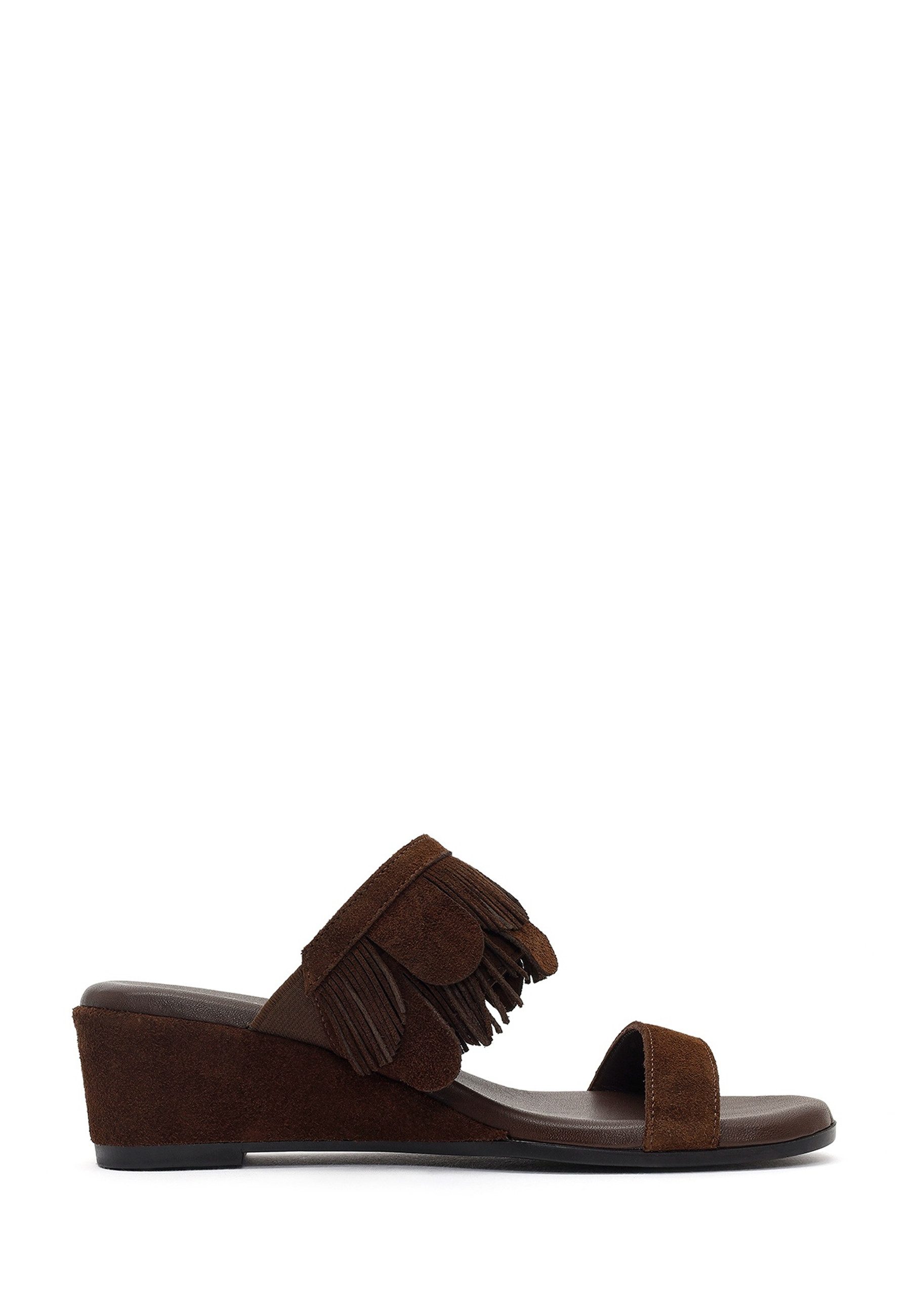 Derimod Keilabsatz-Pantoletten aus Veloursleder Mules Echtes Leder, Fransenakzent, Lederfußbett, TPU-Sohle, Keilabsatz