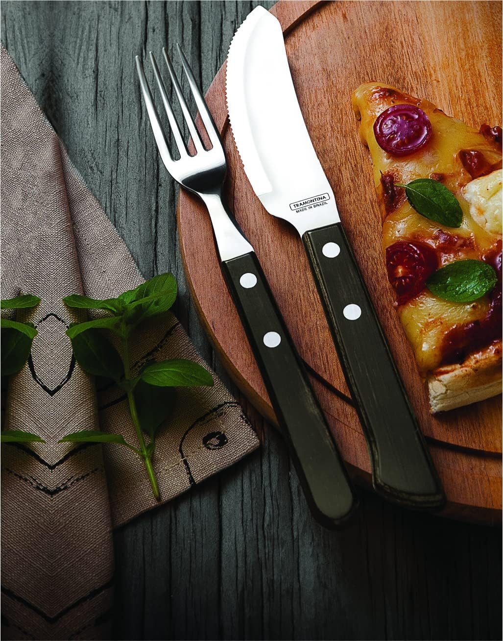 Stelby Pizzamesser Tramontina Pizzamesser, 10 cm, Edelstahl, FSC-zertifizierter Holzgriff (3 Stück), spezielle Klinge, Wellenschliff, rostfrei, spülmaschinenfest