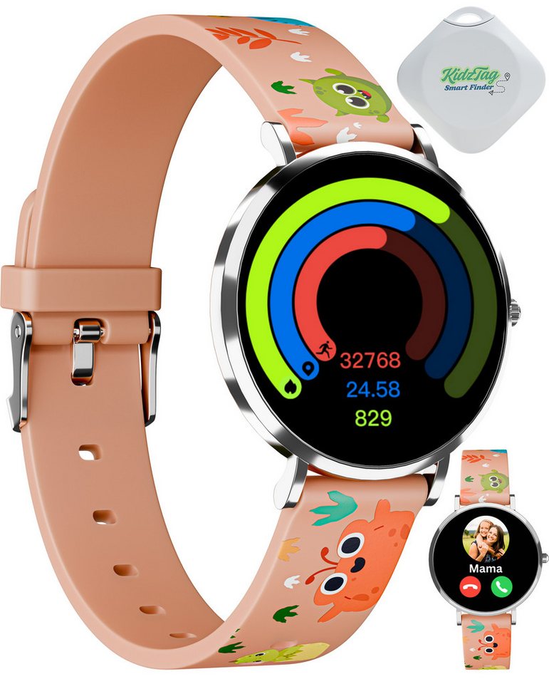 XCOAST LINO-TIME, Kleine Kinder Smartwatch (37mm cm/1,19 Zoll) wie eine analog Kinderarmbanduhr, filigran, robust, 3-tlg., nur 6,9mm hoch, 6 Tage Akku Laufzeit, Spiele, >100 Sportarten, SOS NOTRUF, 6 Tage Akku, IP68 wasserdicht, Edelstahl, flach