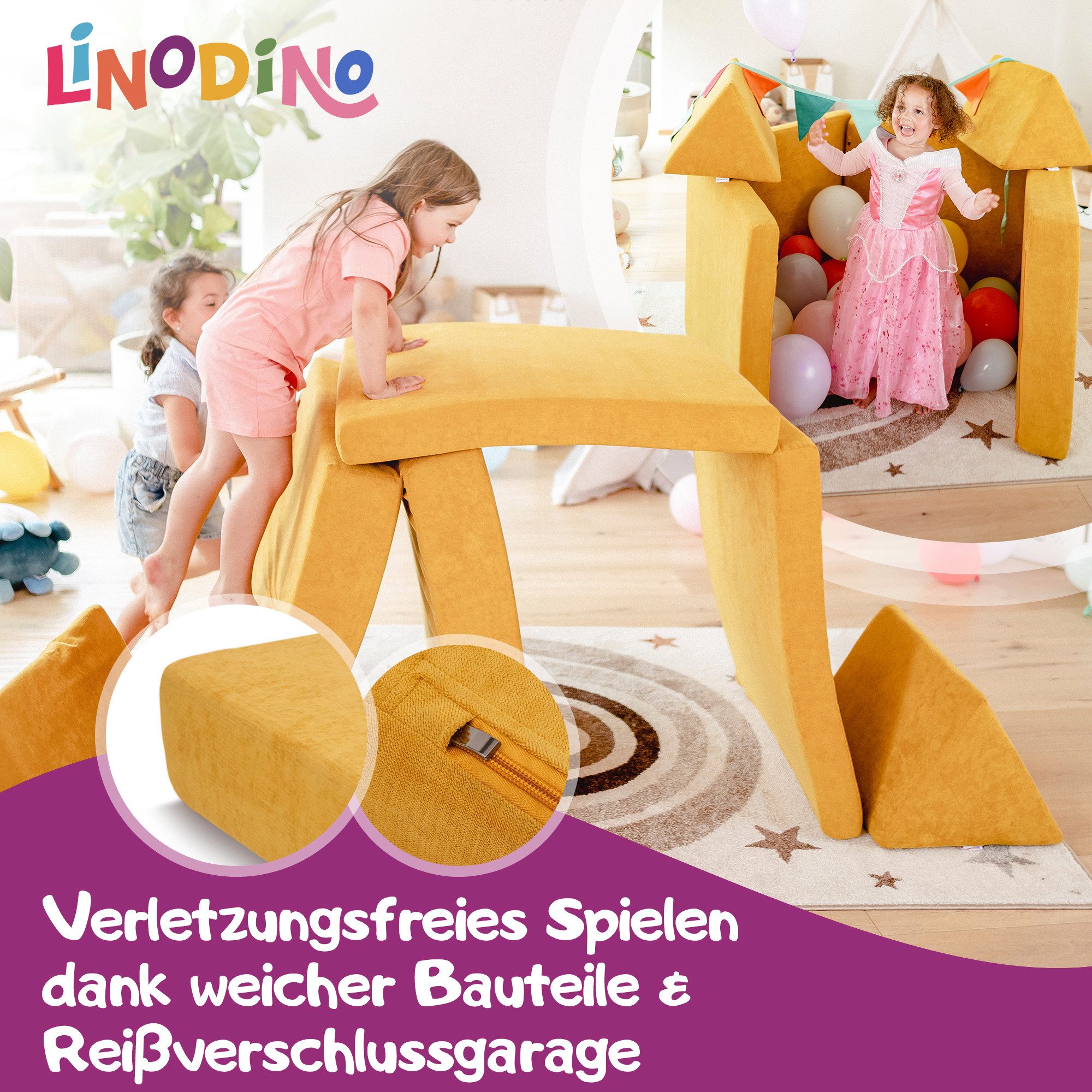 Linodino Kindersofa Spielsofa I aus Schaumstoff Bausteine I Spielcouch für Kinder, Wasserfeste Unterbezüge, Waschbare Chenille Bezüge 30°