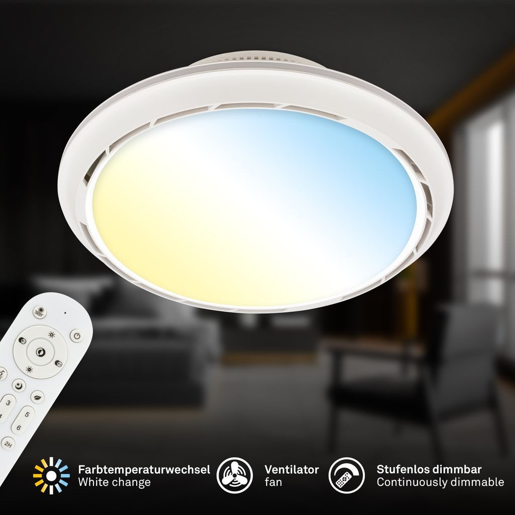 Briloner Leuchten LED Deckenleuchte Deckenventilator mit Licht CCT Fernbedienung Dimmbar, LED fest integriert, 6500K - Kaltweiß, 4000K - Neutralweiß, 3000K - Warmweiß, CCT Farbtemperatursteuerung - Warmweiß / Neutralweiß / Kaltweiß, 5500-6500K - Tageslichtweiß, 44x17,5 cm, Schlafzimmer, Wohnzimmer, Esszimmer, Flur, Küche
