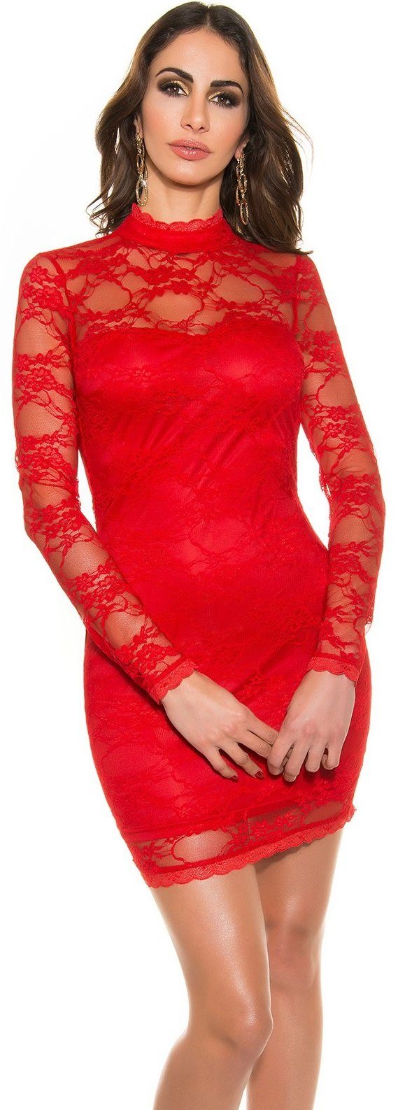 Koucla Minikleid Langarm-Minikleid mit Spitze, Cocktailkleid Kleid Abendkleid Business rot