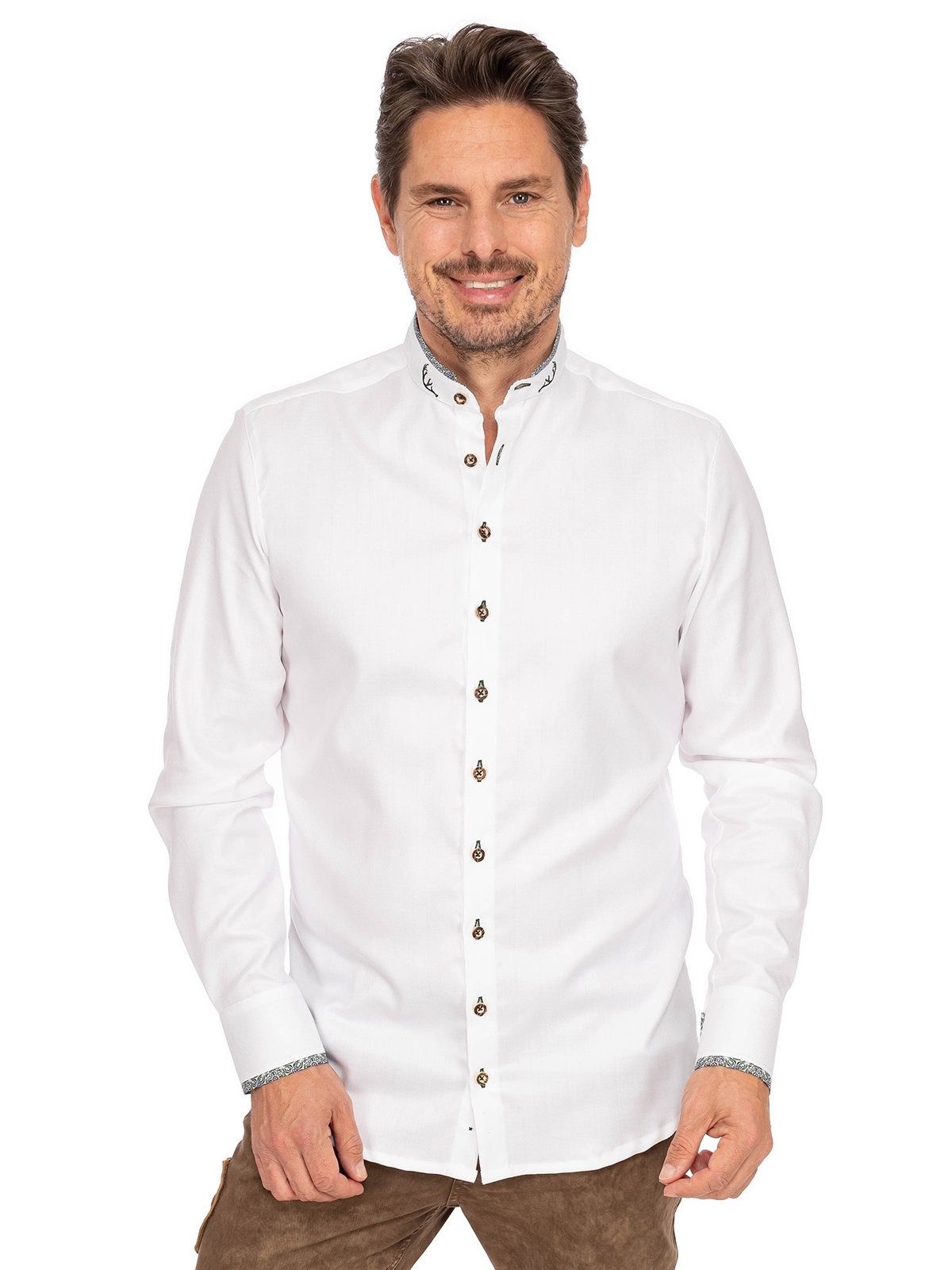 (Slim Fi Trachtenhemd Gipfelstürmer 420000-4246-155 Stehkragen weiß oliv Hemd