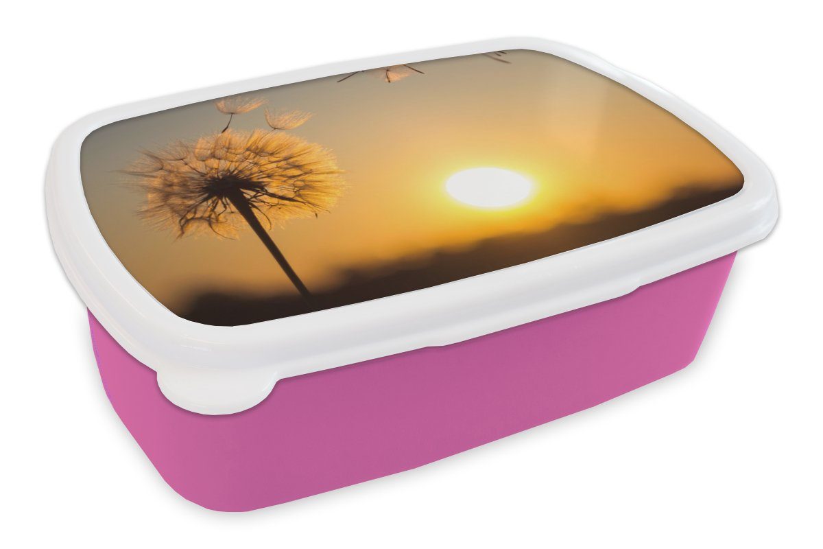 MuchoWow Lunchbox Löwenzahn - Sonne - Sonnenuntergang, Kunststoff, (2-tlg), Brotbox für Erwachsene, Brotdose Kinder, Snackbox, Mädchen, Kunststoff rosa