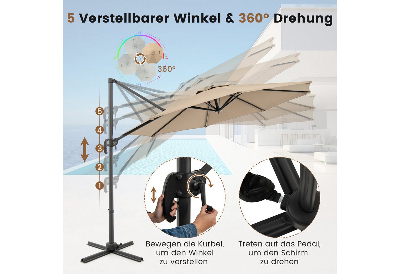 Thumbnail - COSTWAY Sonnenschirm, LxB: 294x294 cm, 360° drehbar & 5-Fach verstellbarer