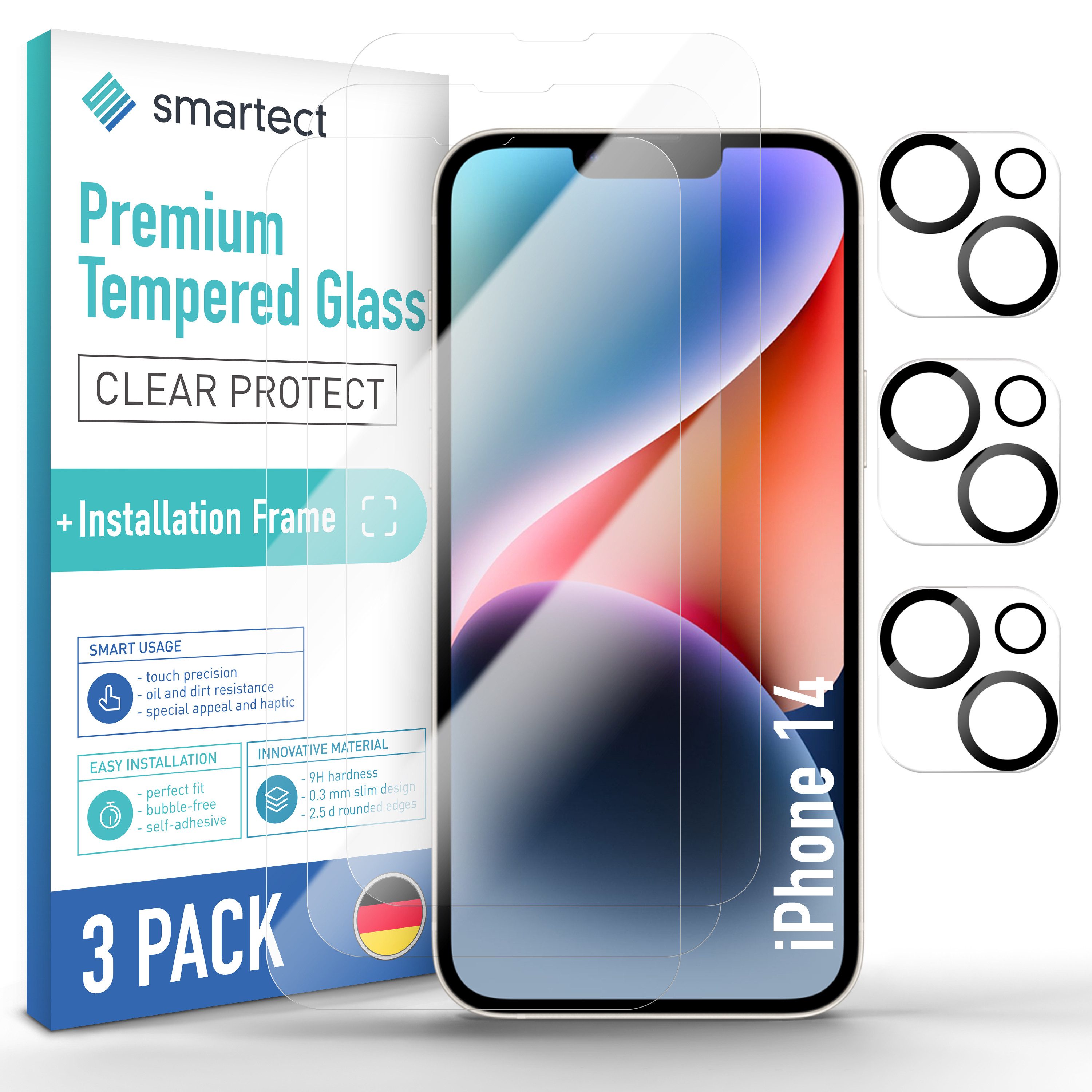 smartect Displayschutzglas Schutzglas Panzerfolie 3 + 3 Stück für iPhone 14 (Display + Kamera) für Apple iPhone 14, Set, 3 Stück, inkl. Anbringhilfe, 0.3 mm Ultra-klar, 9H Härte, Kratzfest, Stoßfest