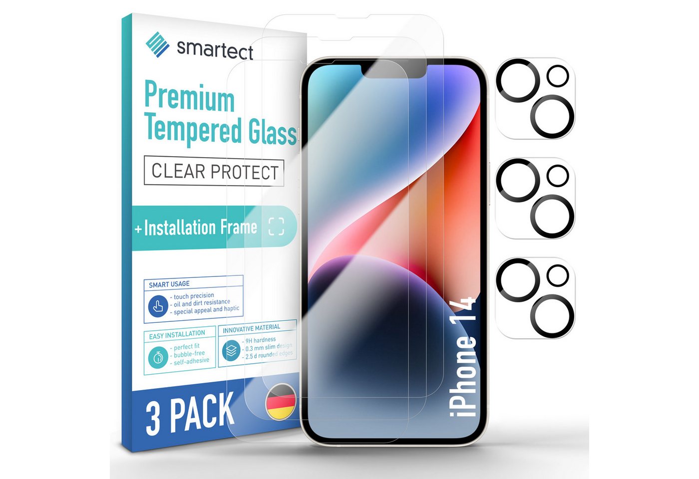 smartect Displayschutzglas Schutzglas Panzerfolie 3 + 3 Stück für iPhone 14 (Display + Kamera) für Apple iPhone 14, Set, 3 Stück, inkl. Anbringhilfe, 0.3 mm Ultra-klar, 9H Härte, Kratzfest, Stoßfest