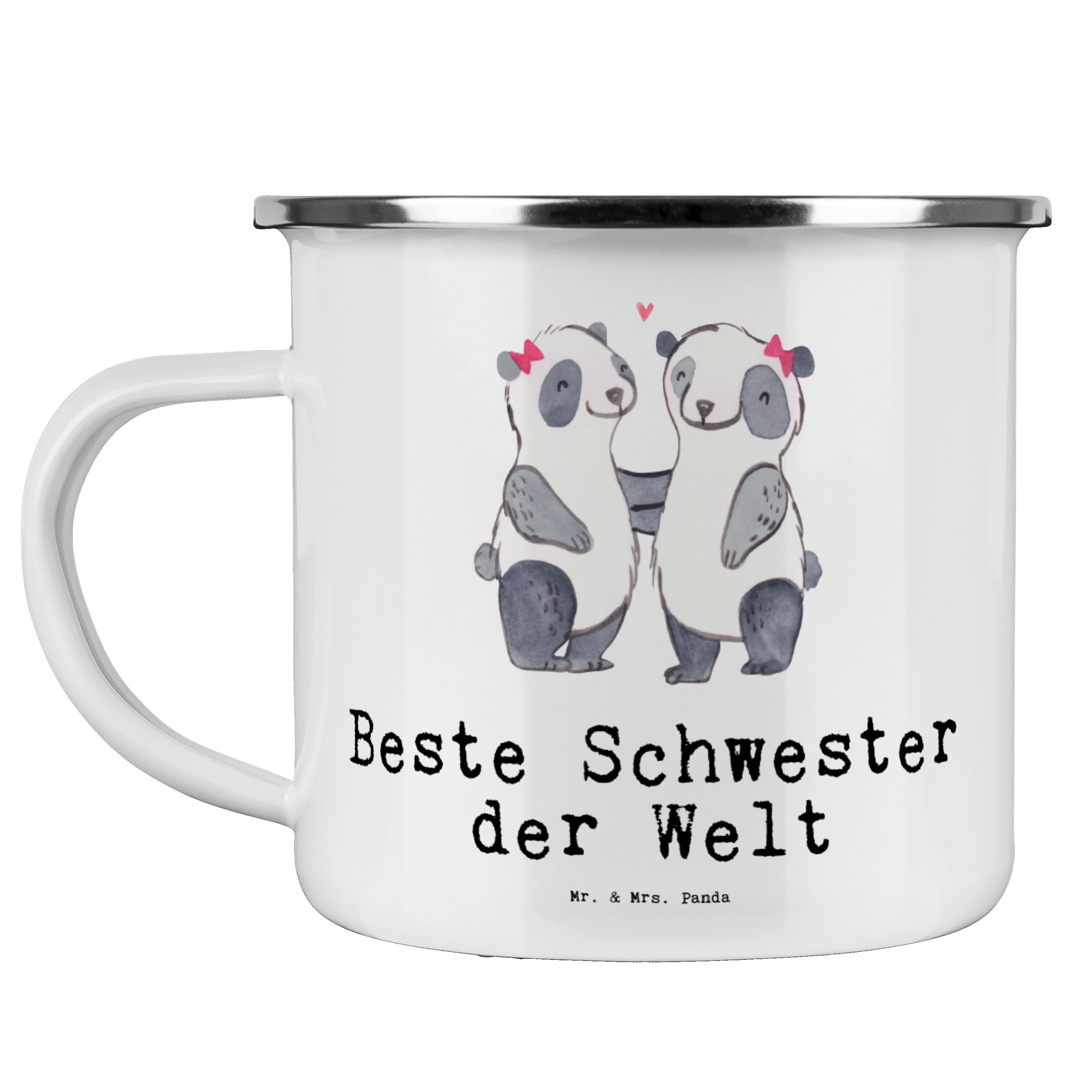 Mr. & Mrs. Panda Becher Panda Beste Schwester der Welt - Weiß - Geschenk, Kaffee Blechtasse, Emaille