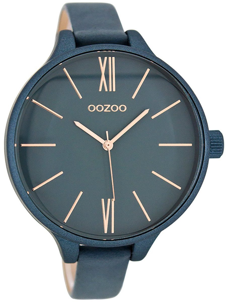 OOZOO Quarzuhr Oozoo Damen Armbanduhr azurblau, Damenuhr rund, groß (ca.  45mm) Lederarmband, Fashion-Style