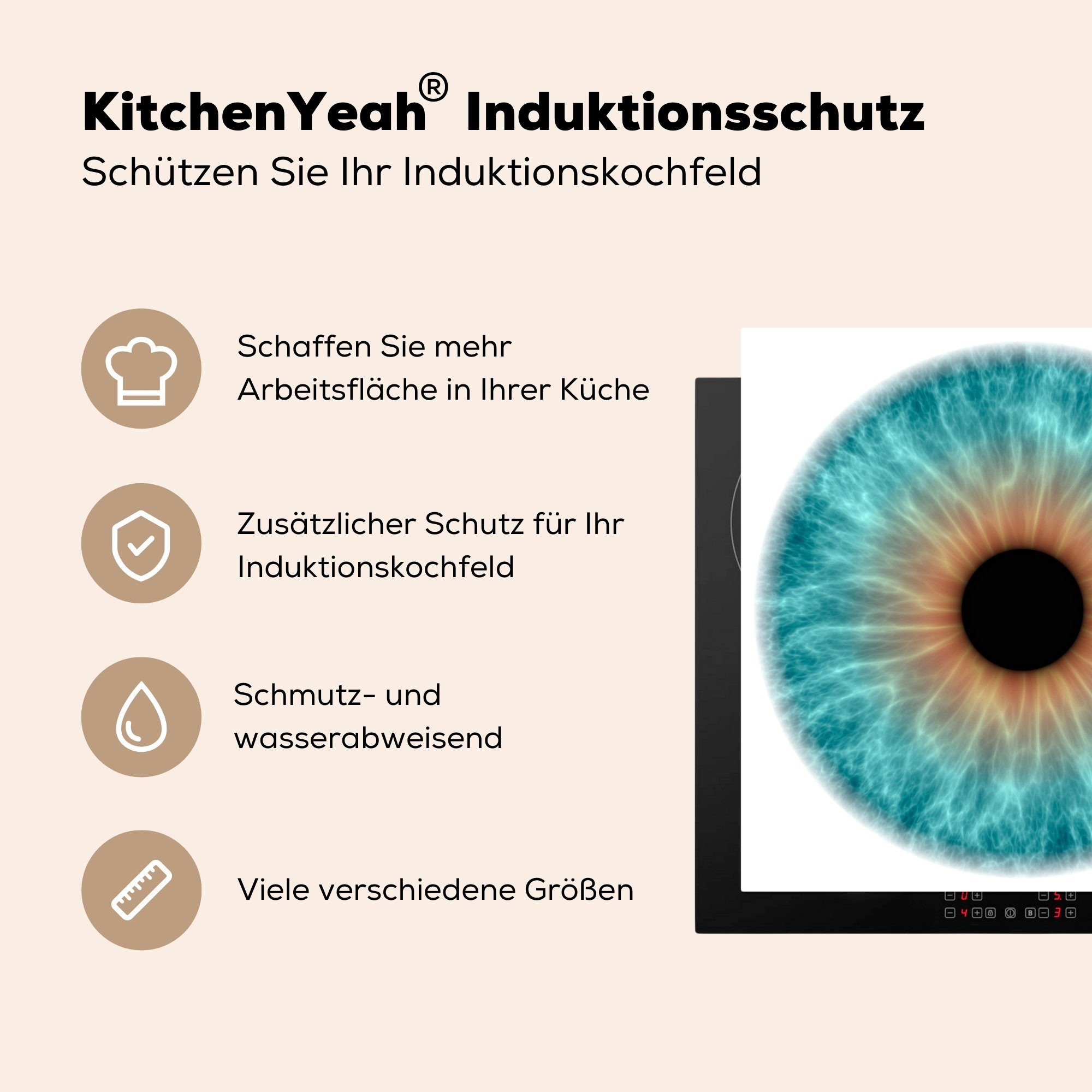 Arbeitsplatte Auges, Herdblende-/Abdeckplatte (1 für cm, Iris küche tlg), 78x78 Ceranfeldabdeckung, Vinyl, Meeresblaue des MuchoWow