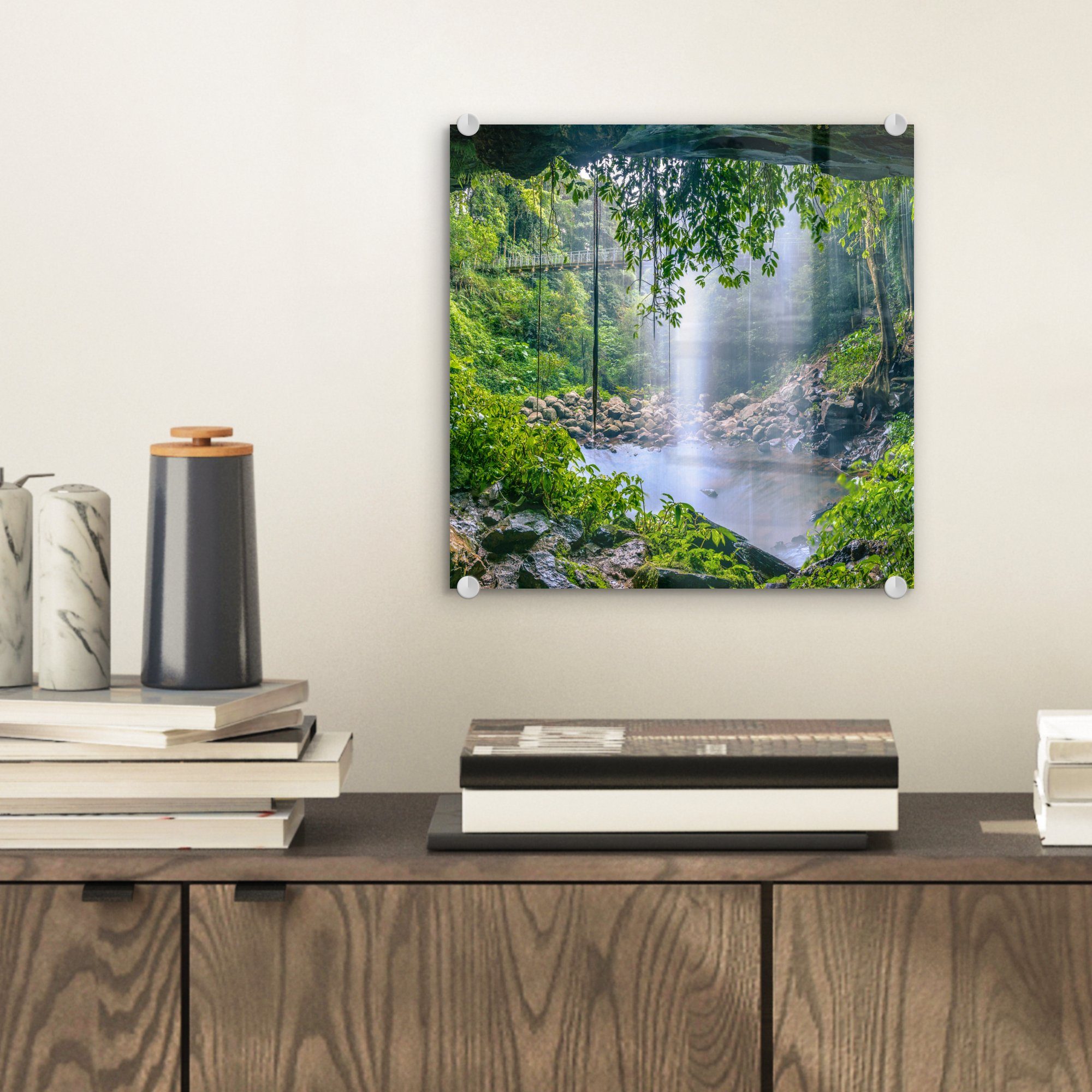 auf St), - Wasser Regenwald - auf (1 Pflanzen, Bilder Acrylglasbild Dschungel Glasbilder Wanddekoration - - Glas MuchoWow - Wandbild bunt Foto - Wasserfall Glas -