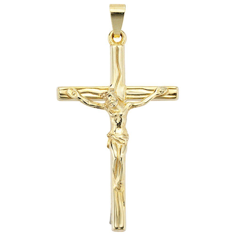 Schmuck Krone Perlenanhänger Anhänger Kreuz mit Jesus, 585 Gelbgold, Gold 585