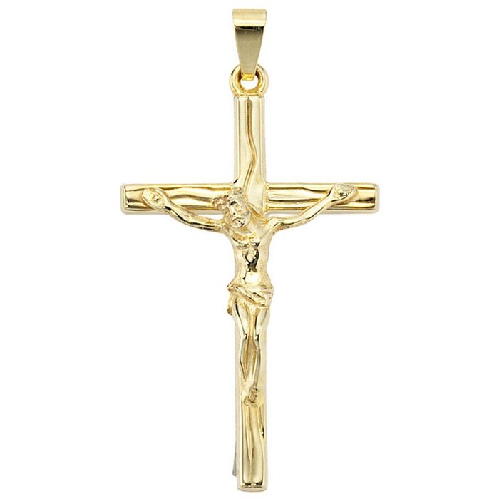 Schmuck Krone Kettenanhänger Anhänger Goldkreuz Kreuz mit Jesus 585 Gold Gelbgold Goldanhänger Halsschmuck Gold 585