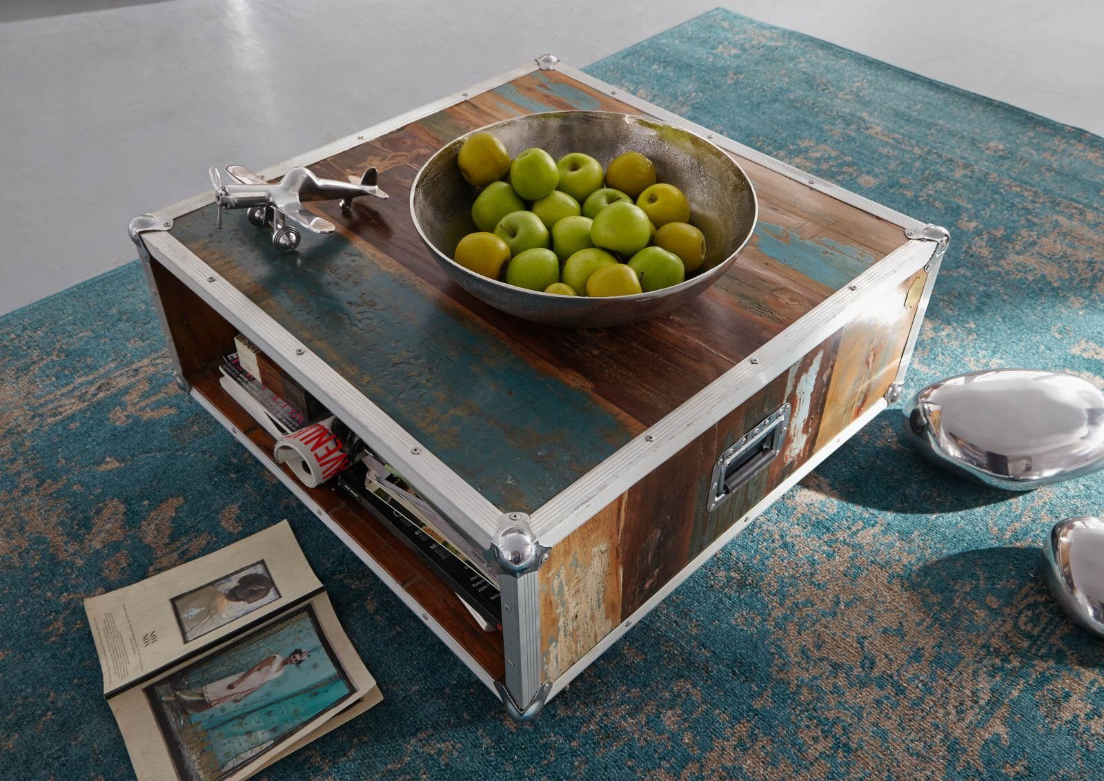Massivmoebel24 Couchtisch Couchtisch Altholz 80x80x42 mehrfarbig lackiert INDUSTRIAL #101
