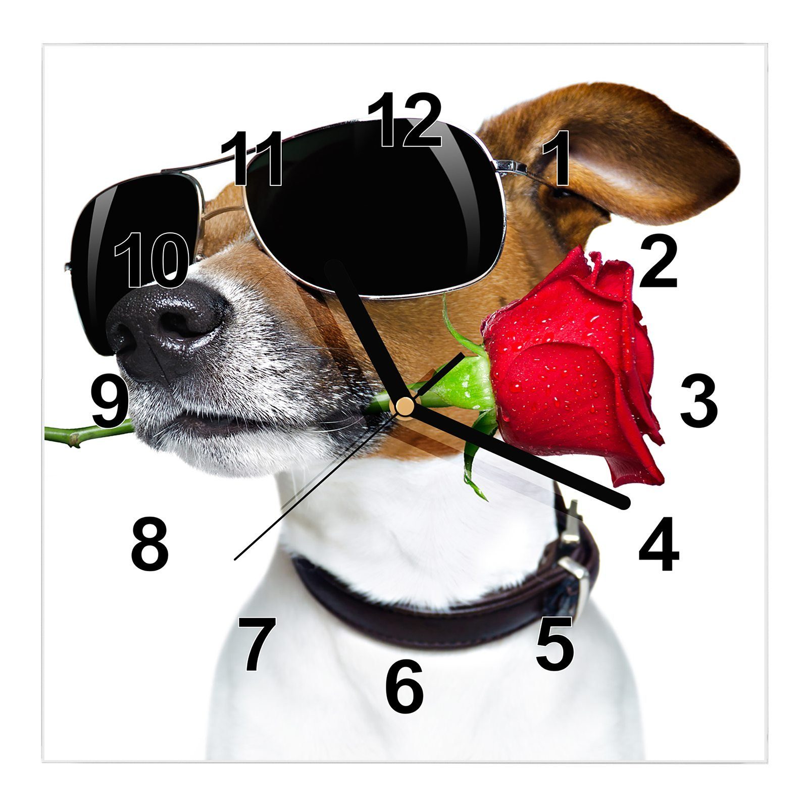 Wanduhr cm mit x 30 Glasuhr mit und Größe Wanduhr Brille Motiv Wandkunst 30 Hund Primedeco Rose