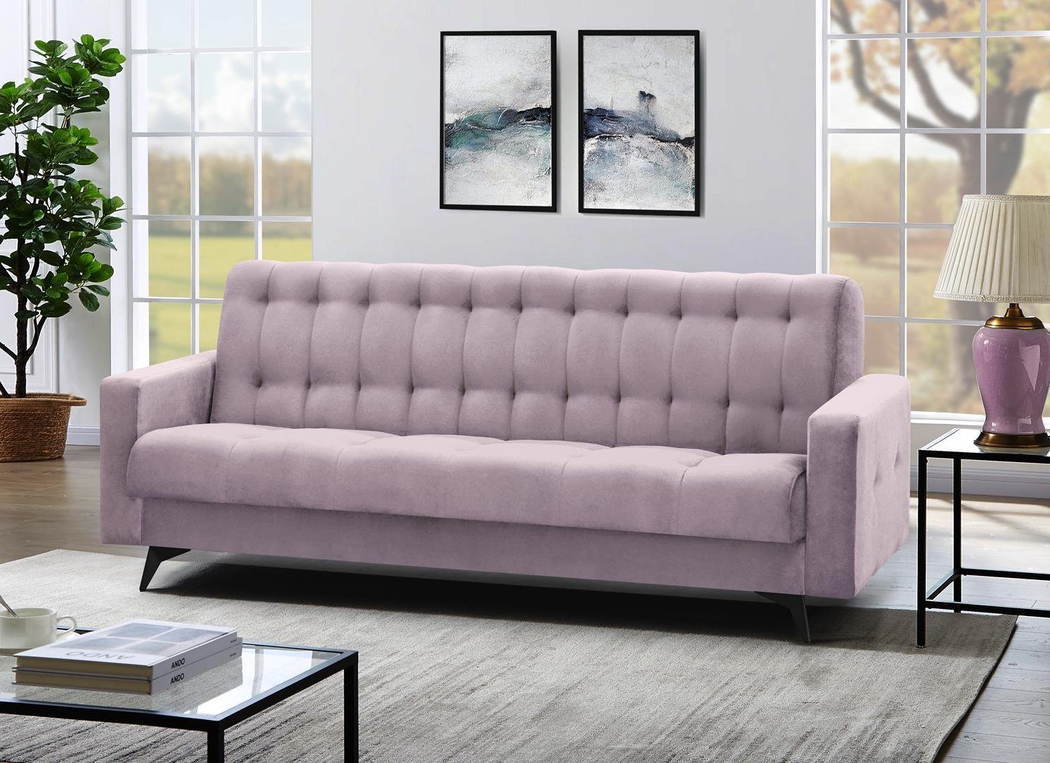 Velour, Beautysofa Puderrosa GRETA BIS, für Sofa Polstersofa Couch Schlaffunktion, Wohnzimmer, Schlafsofa Bettkasten,