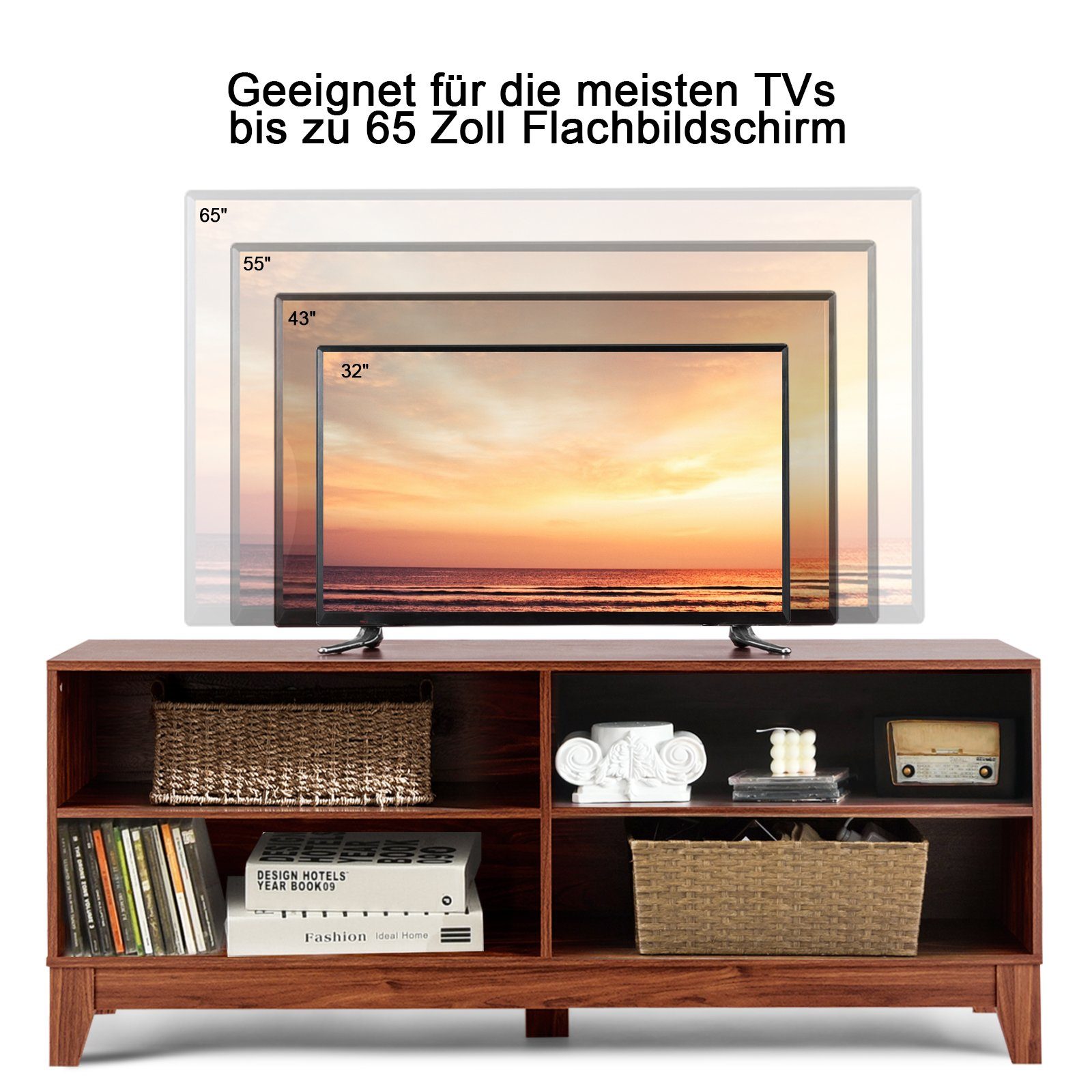 COSTWAY TV-Schrank Holz TV-Ständer mit Braun 147x40x61cm Regale