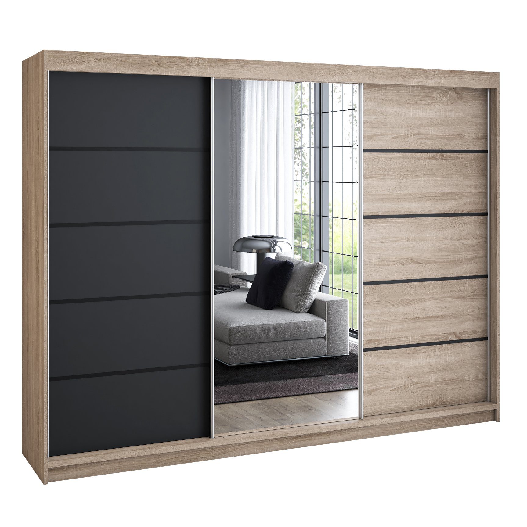 A&J MöbelLand GmbH Schiebetürenschrank VILUNO mit 4 Schubladen und Spiegel (nur für kurze Zeit! TOP ANGEBOT! Geräumiger Schrank mit einer Breite von 200 cm und Spiegel, ideal zur Aufbewahrung von Kleidung und Accessoires. 4 Schubladen und viel Stauraum. TOP PRODUKT! Wählen Sie das ideale Modell für Ihr Schlafzimmer!, Inclusive 4 Schubladen) Breite: 200 cm, Höhe: 215 cm, Tiefe: 59,5 cm