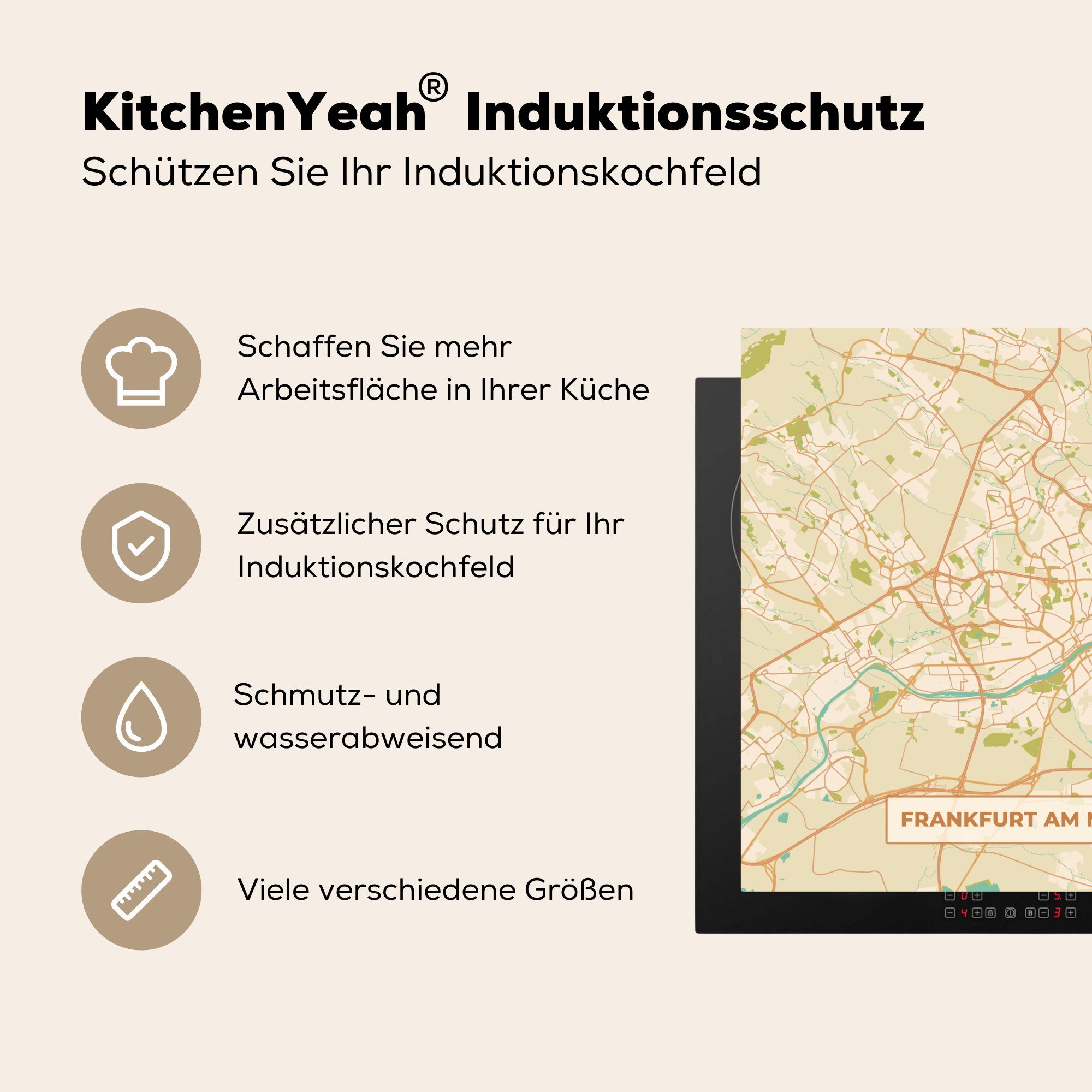 (1 Stadtplan, Karte Vinyl, Arbeitsplatte tlg), - Ceranfeldabdeckung, Herdblende-/Abdeckplatte für küche - - Vintage Main cm, am Frankfurt MuchoWow 78x78