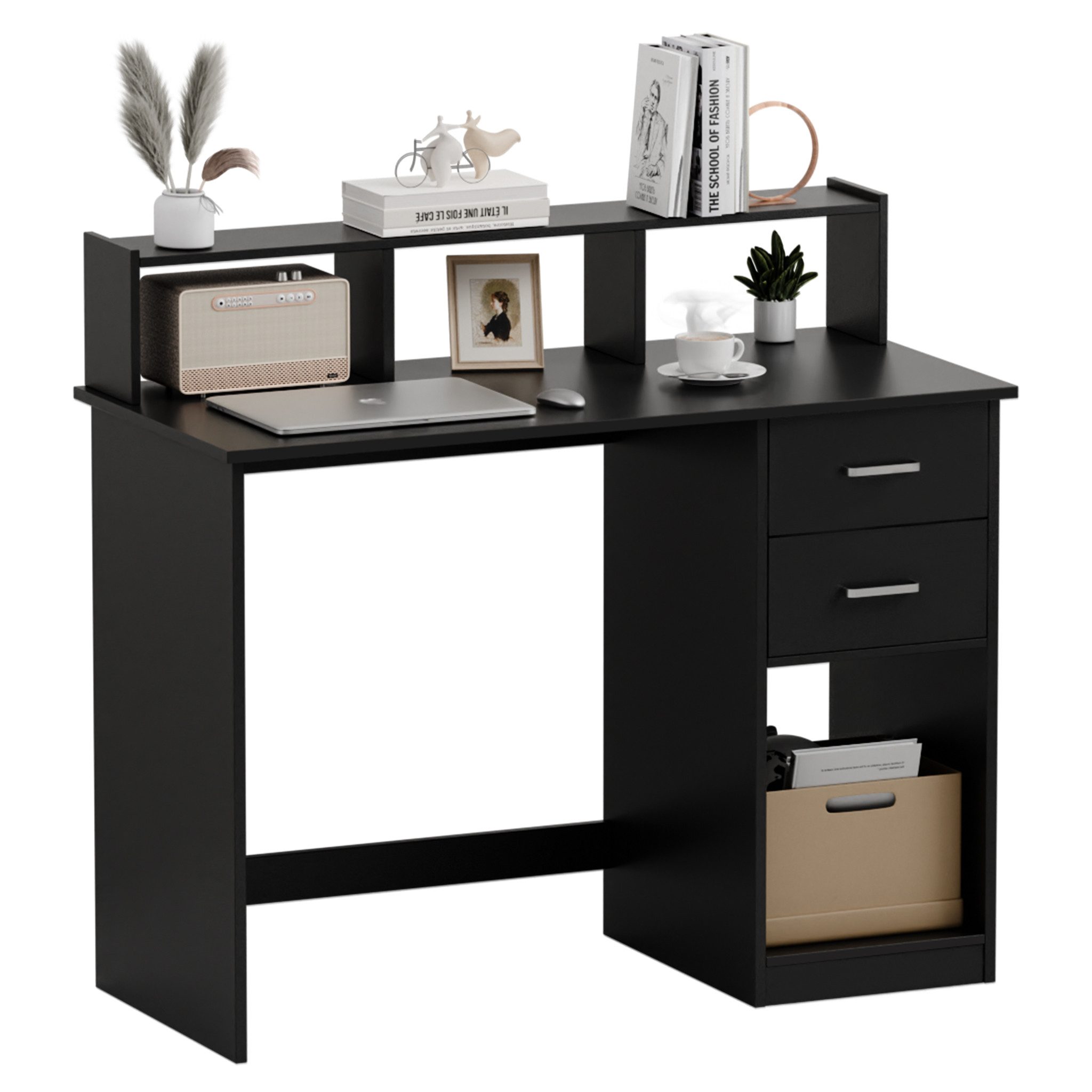 Mondeer Schreibtisch Computertisch, mit 2 Schubladen, Regal & Schrank 105x94x48cm Weiß