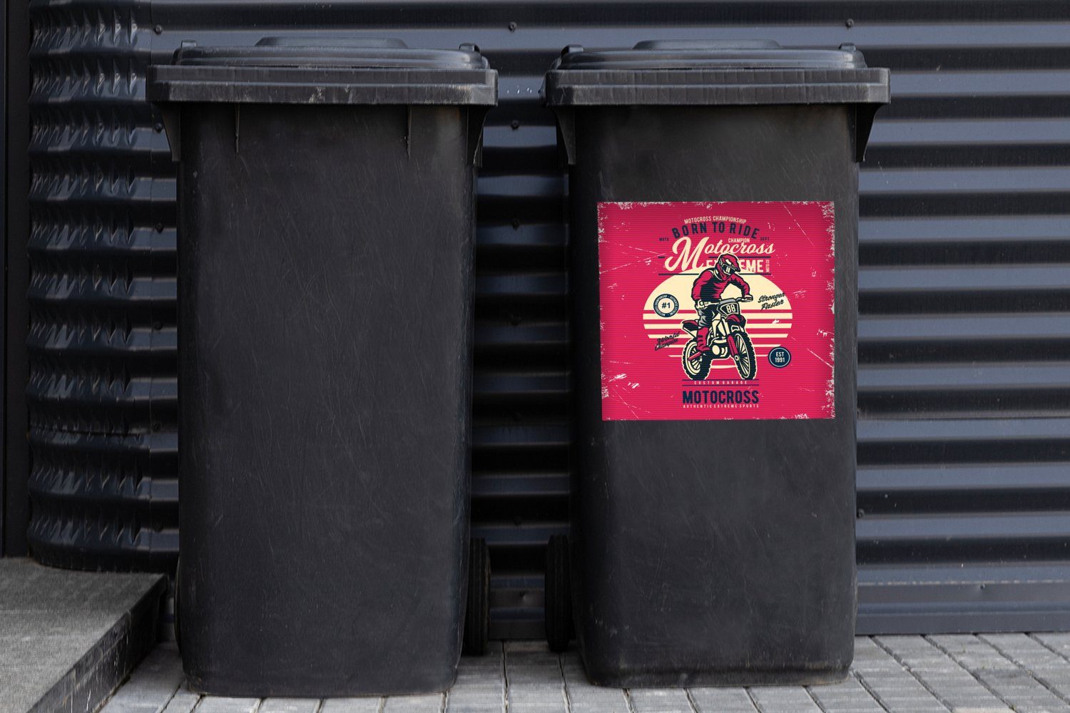 Abfalbehälter Mann MuchoWow Sticker, Mülltonne, Motocross - Retro Container, St), Mülleimer-aufkleber, - Zeichnung (1 Wandsticker -