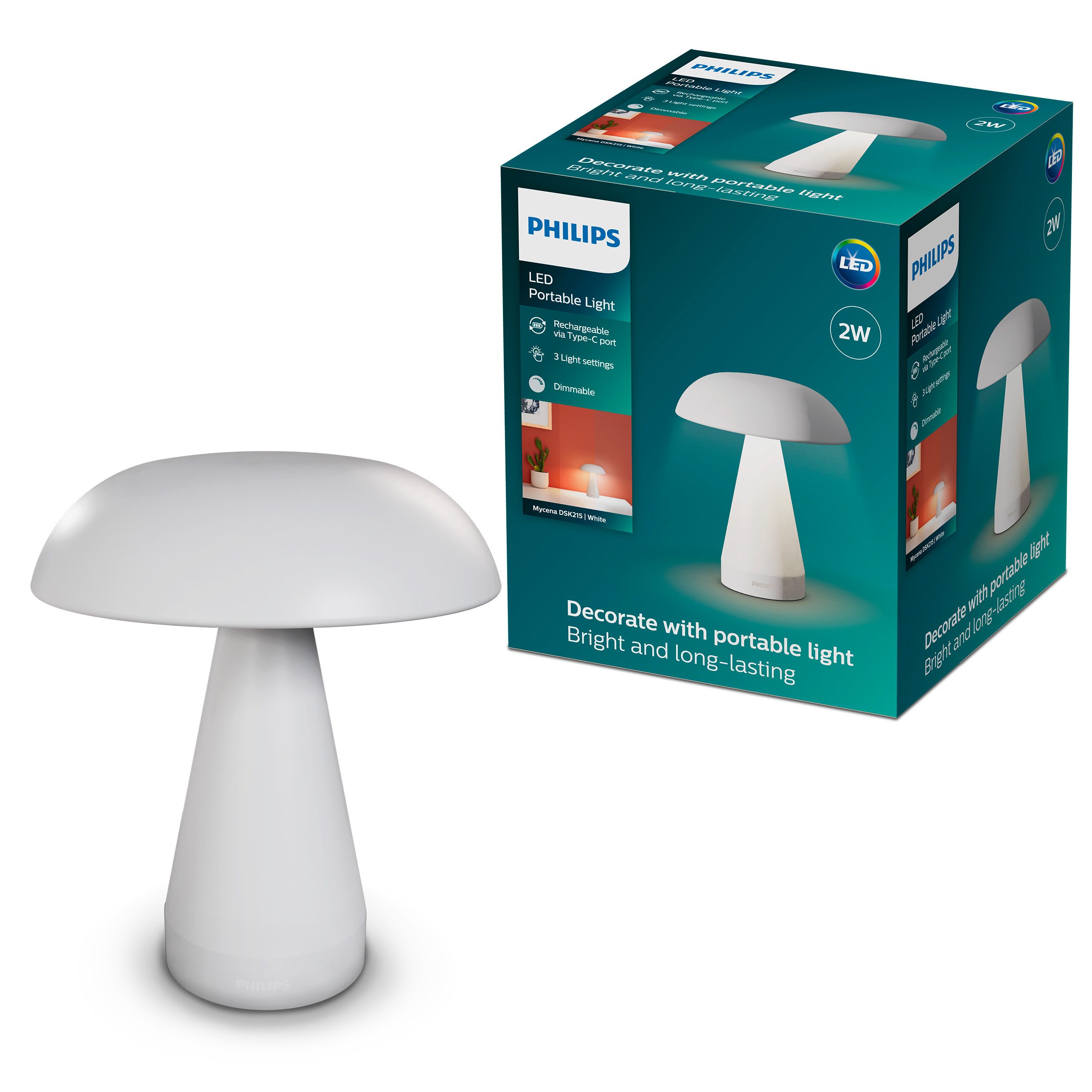 Philips LED Tischleuchte Mycena Pilzdesign, einstellbares Weißlicht, Touch-Dimmer, CCT - über Fernbedienung, Dimmer, Dimmfunktion, USB-Anschluss mit Ladefunktion, mehrere Helligkeitsstufen, LED fest integriert, warmweiß - kaltweiß, 150 lm, Akku 1800 mAh