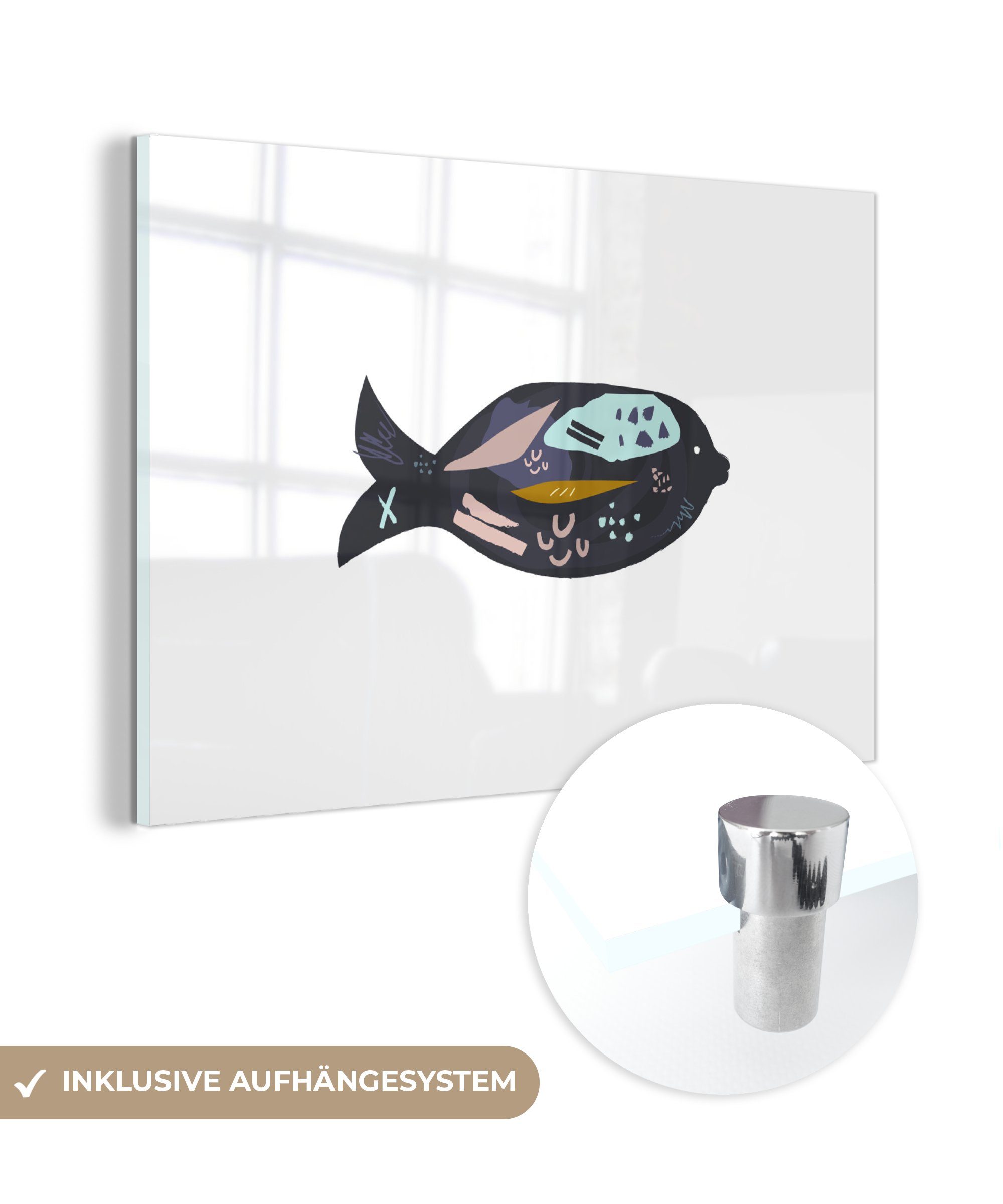 MuchoWow Acrylglasbild Schwarz - Fisch - Pastell, (1 St), Acrylglasbilder Wohnzimmer & Schlafzimmer