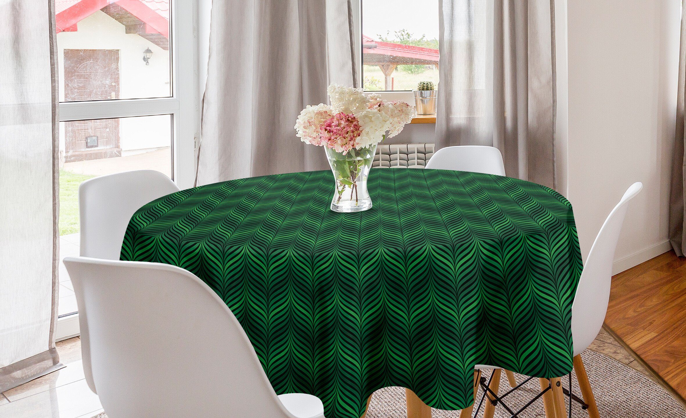 Abakuhaus Tischdecke Kreis Tischdecke Abdeckung für Esszimmer Küche Dekoration, Moderne Grünlich Gebogenen Streifen Kunst