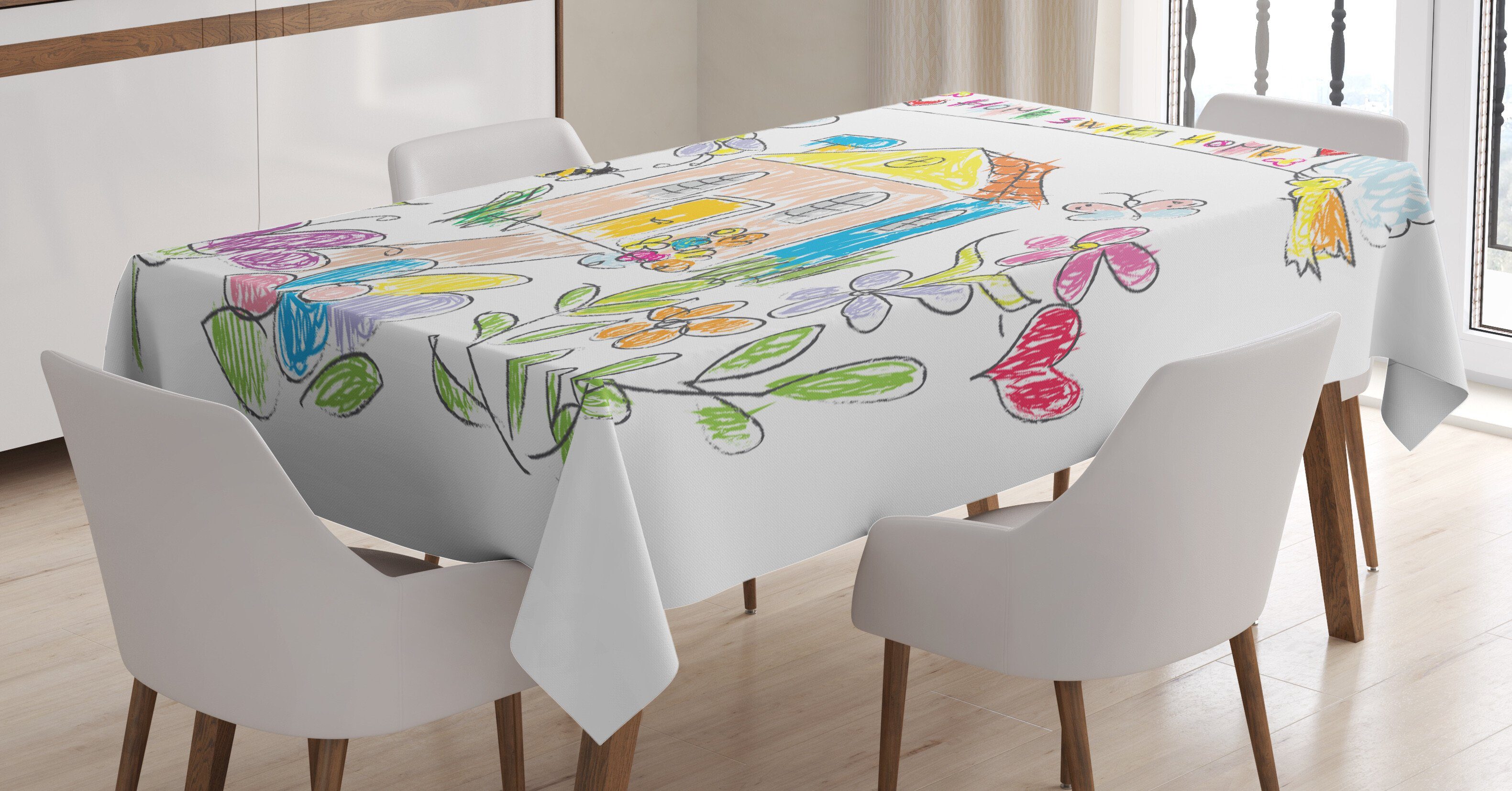 Abakuhaus Tischdecke Farbfest Waschbar Für den Außen Bereich geeignet Klare Farben, Trautes Heim, Glück allein Childish Doodle