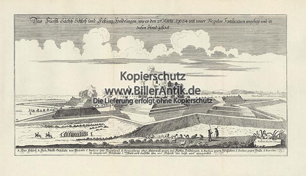 Kunstdruck Festung Heldrungen Burg Schloß Wassergraben Toranlage Kupferstich Meri