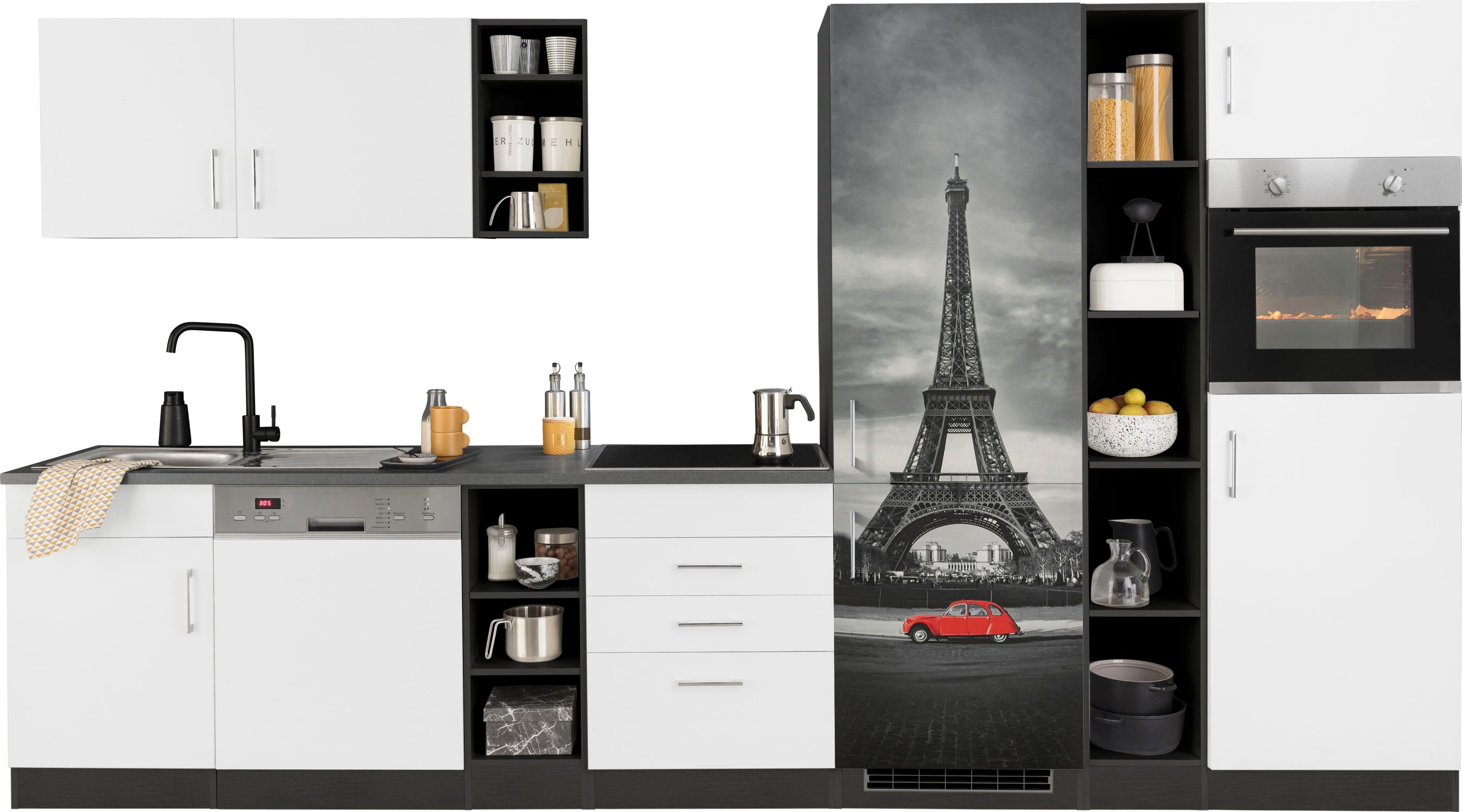 KOCHSTATION Küchenzeile KS-Paris – Küchen mit einzigartigen Fotomotiven auf den Fronten, Breite 350 cm, wahlweise mit E-Geräten und Induktion