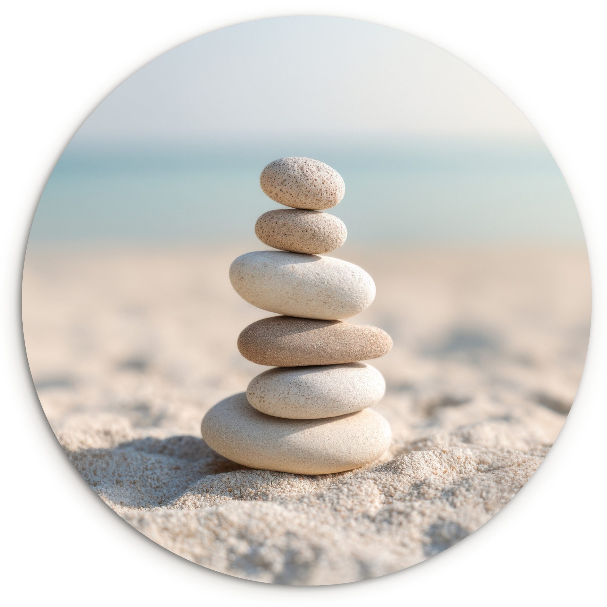 MuchoWow Gemälde Steine - Stapel - Sand - Meer, Fotodruck (1 St), Kreis Wanddekoration, Rundes Wandbild, 30x30 cm