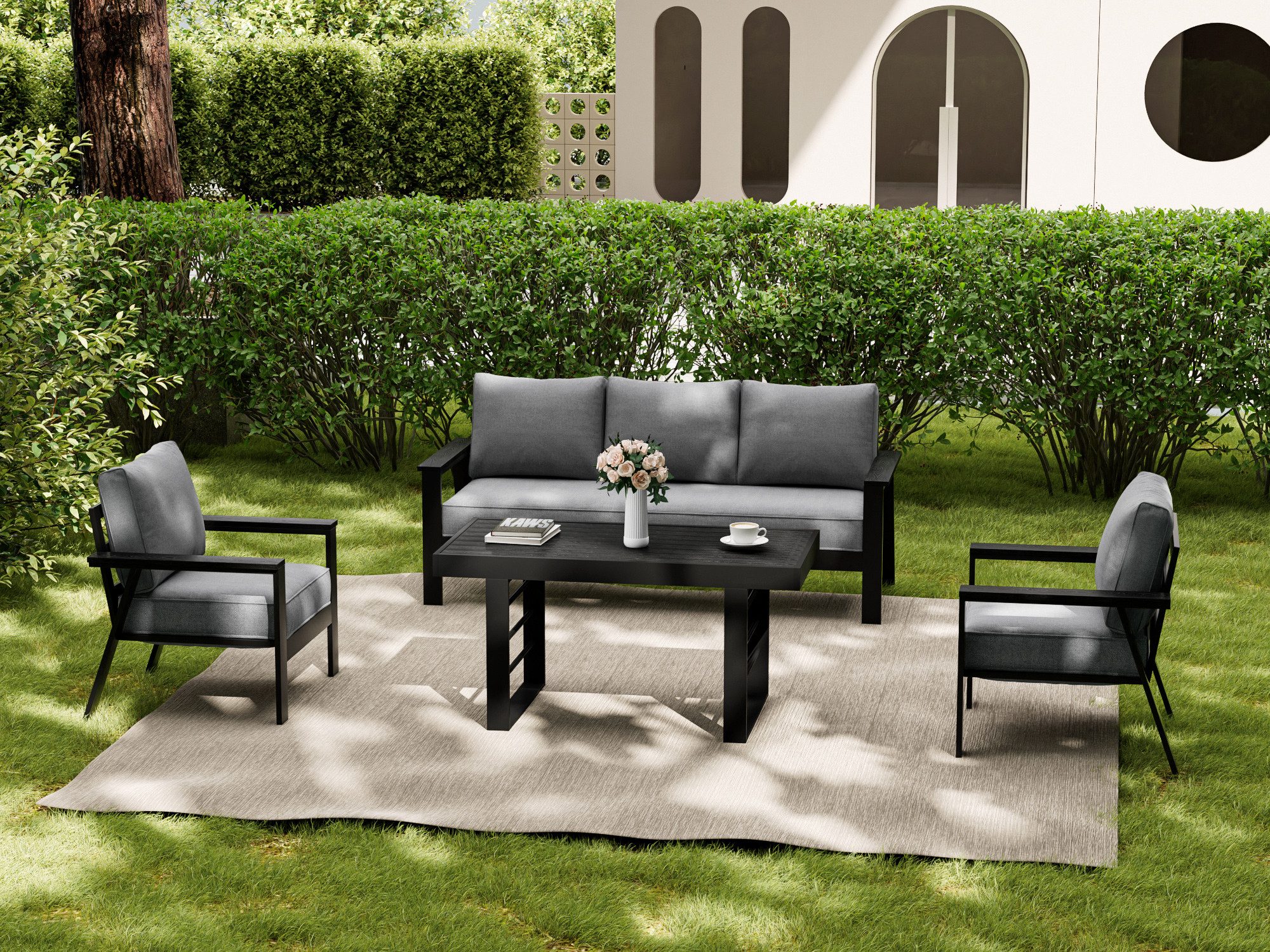 MeXo Gartenlounge-Set Aluminium 5-6 Personen, (wetterfestes Gartenmöbel Set, mit dicken Kissen & großem Esstisch, 4-tlg., Belastbarkeit pro Sitzplatz 140kg), gemütliche Sitzgruppe für Terrasse, Balkon & Wintergarten