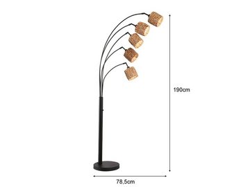 meineWunschleuchte LED Stehlampe, LED wechselbar, Warmweiß, Bogenlampe 5flammig dimmbar, Lampenschirme Naturmaterialien geflochten