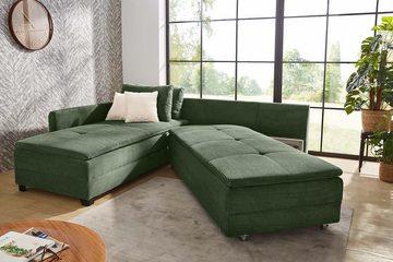 luma-home Ecksofa 15164, Dauerschläfer 307x223 cm, Schwenkteil L/R, Bettkasten, Nachtkonsole, Boxspring, Federkern, Wellenunterfederung, Topper, Bezug Cord Grün