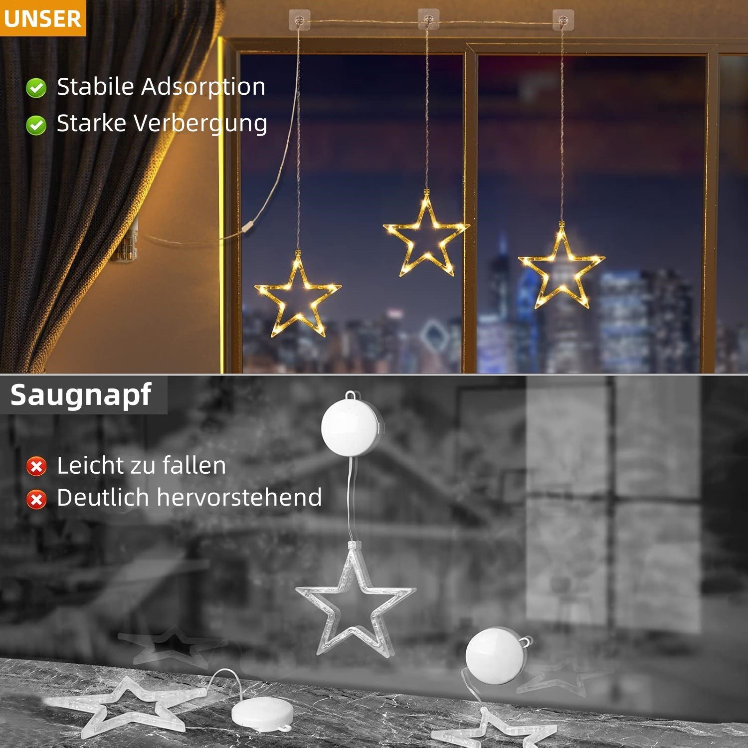 Quntis LED-Lichterkette Weihnachtsdeko Fenster Stern, beleuchtete Weihnachtsbeleuchtung, Lichterkette Sterne mit Timer Innen/Außen, Weihnachtsstern Fensterdeko – Bild 5 von 5