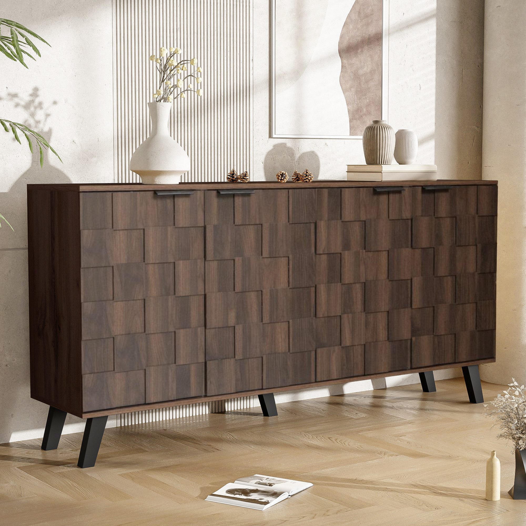 Merax Sideboard mit 4 Türen in dunkler Holzmaserung, geometrische Front (1 St), Kommode mit Stauraum & verstellbaren Einlegeböden, 160,5x35,5x78cm