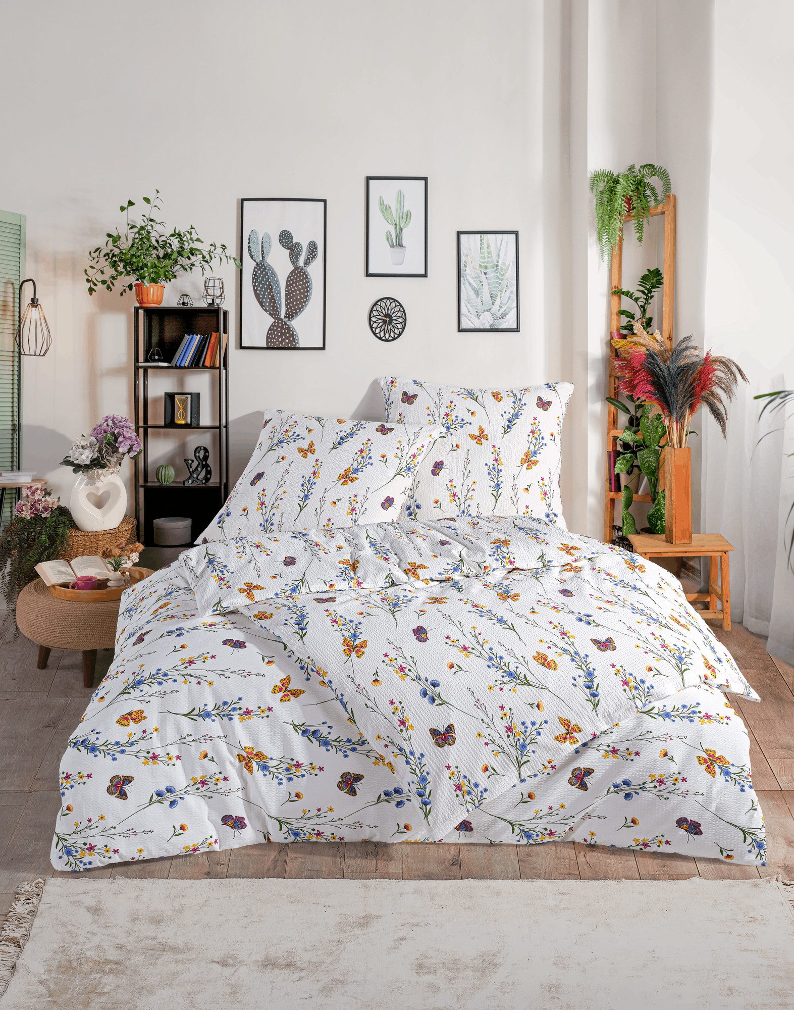 KK Shopping Bettwäsche Seersucker Bettwäsche Schmetterlinge Blumen 135x200 cm 100% Baumwolle, 2 teilig, Langlebig