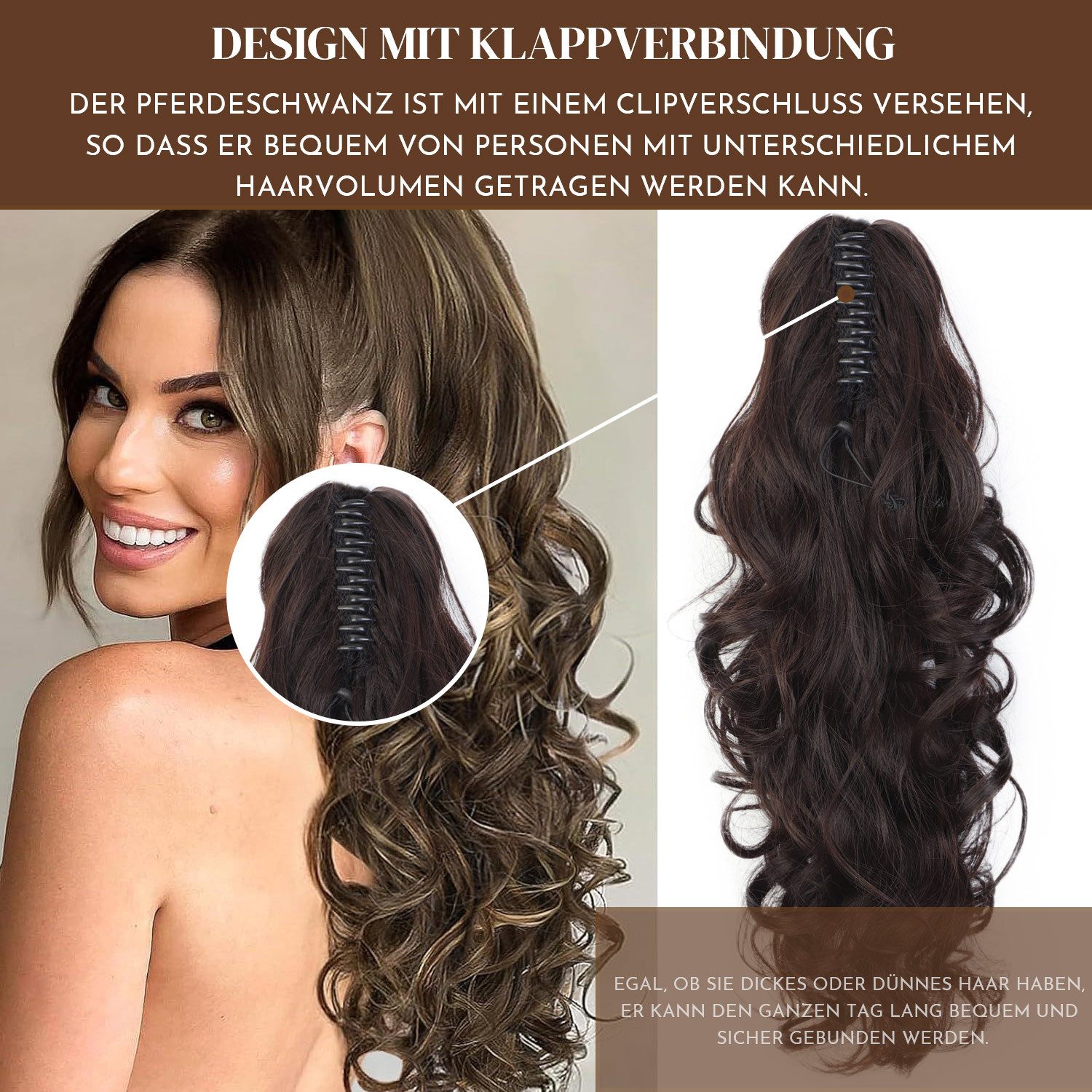 Refttenw Kunsthaarperücke Pferdeschwanz Haarteil Zopf Extension Lang Gewellt Lockig 60cm, Schwarzbraun
