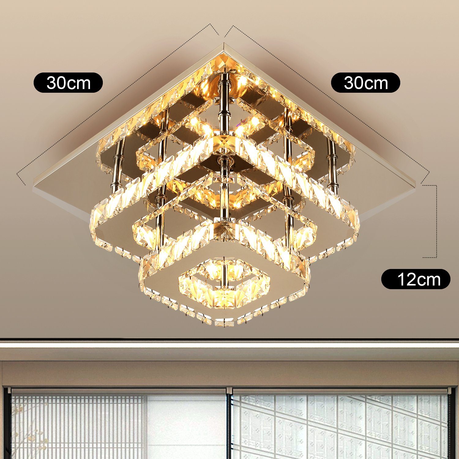 LED Flur LED Edelstahl LETGOSPT Warmweiß Schlafzimmer LED Moderne Doppelschicht Deckenleuchte integriert, für Kristalllampe 36W,Quadratische Esszimmer 30x30x12cm, Deckenlampe, fest Pendelleuchte