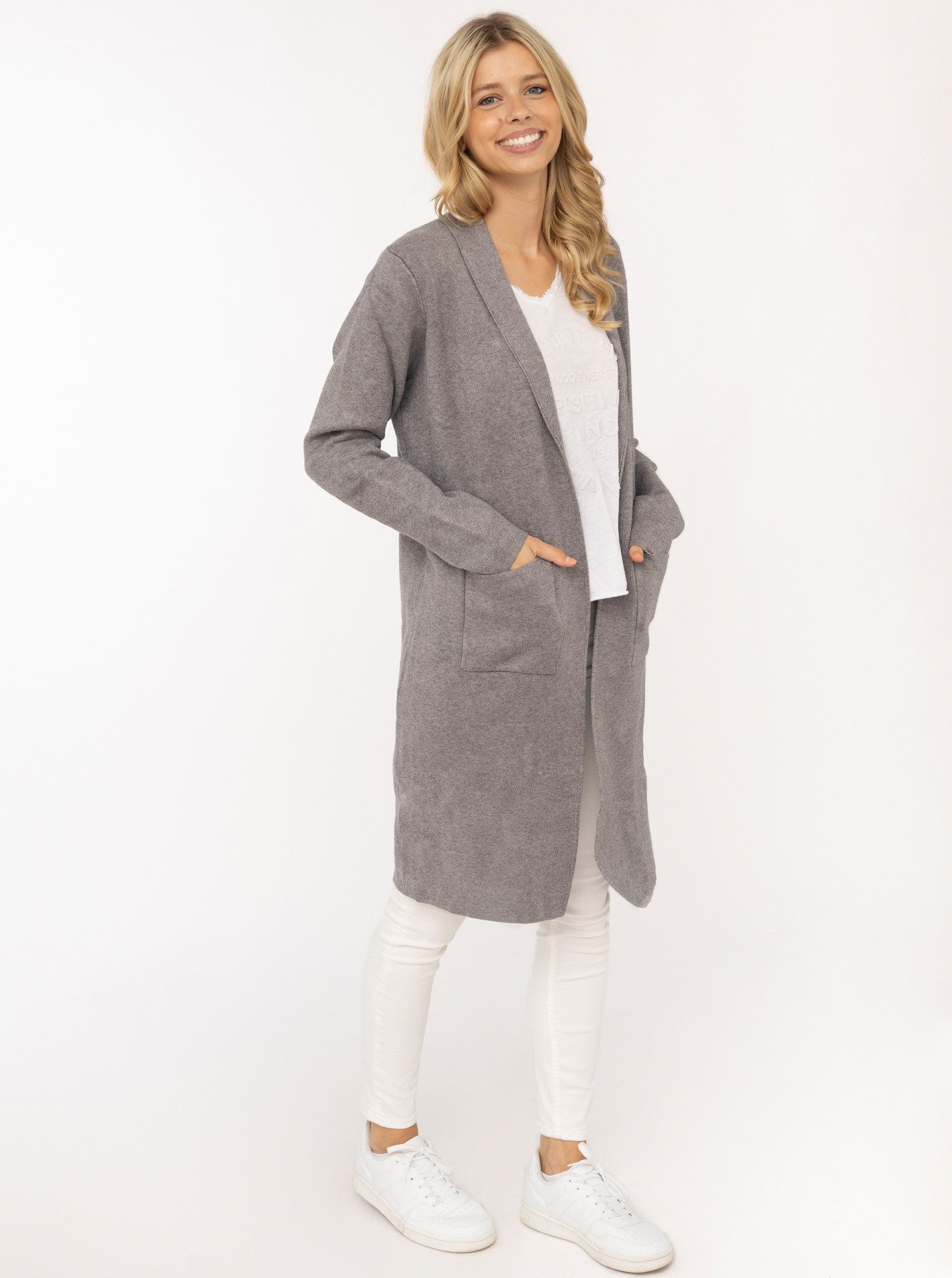 Zwillingsherz Cardigan "Jessi" mit Kragen, Langarm, aufgesetzte Taschen, ohne Verschluss, knielang