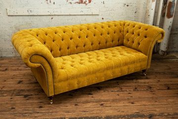 JVmoebel Chesterfield-Sofa Samt Couch Wohnlandschaft Design Modern Sofa 3 Sitzer Gelbe, Die Rückenlehne mit Knöpfen.