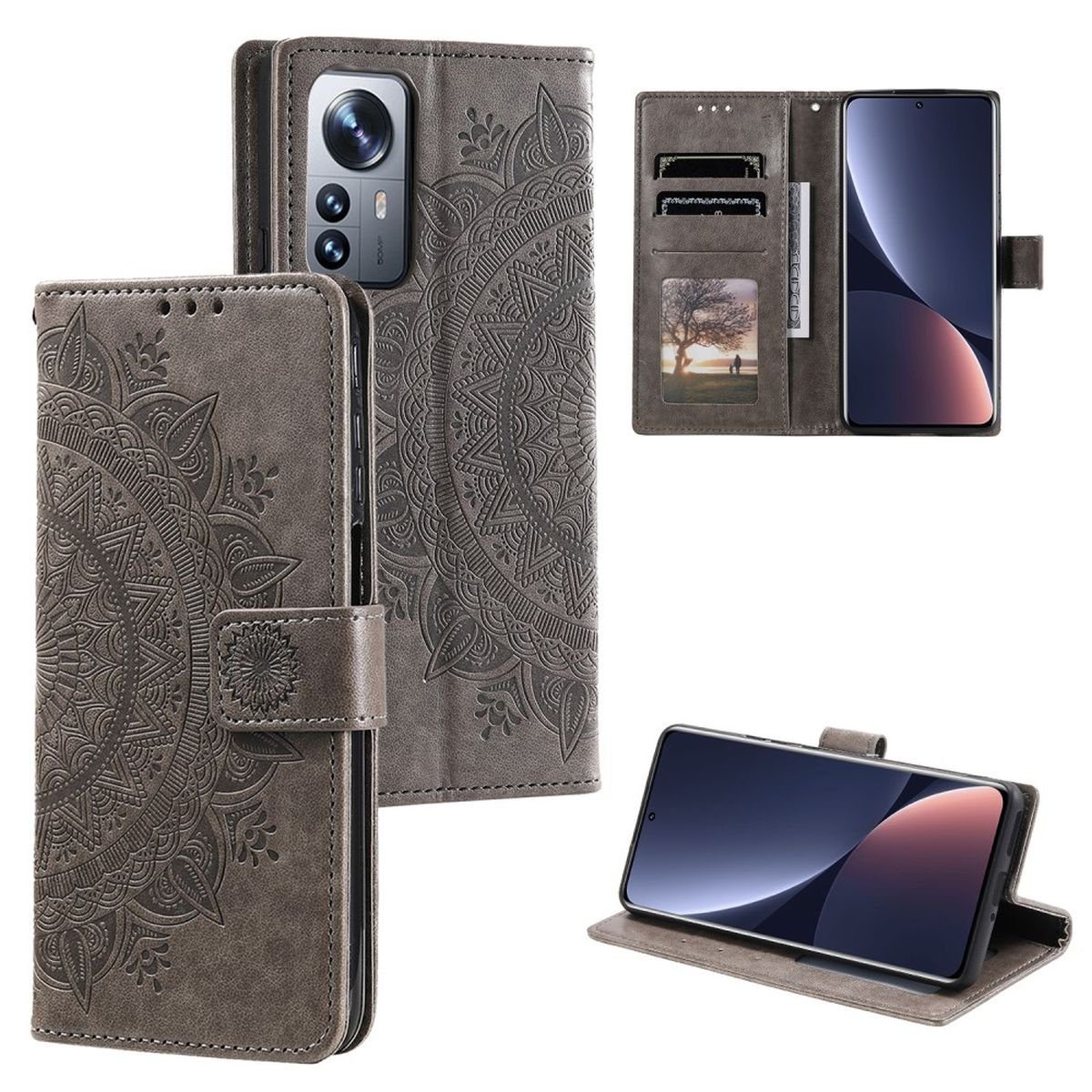 CoverKingz Handyhülle Hülle für Xiaomi 12/12X Handyhülle Flip Case Cover Tasche Etui 16,5 cm (6,5 Zoll), Klapphülle Schutzhülle mit Kartenfach Schutztasche Motiv Mandala