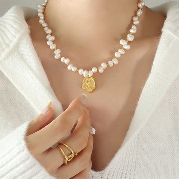 Rouemi Perlenkette Damen-Halsketten, Süßwasserperlen-Halsketten, Porträt-Anhänger-Choker