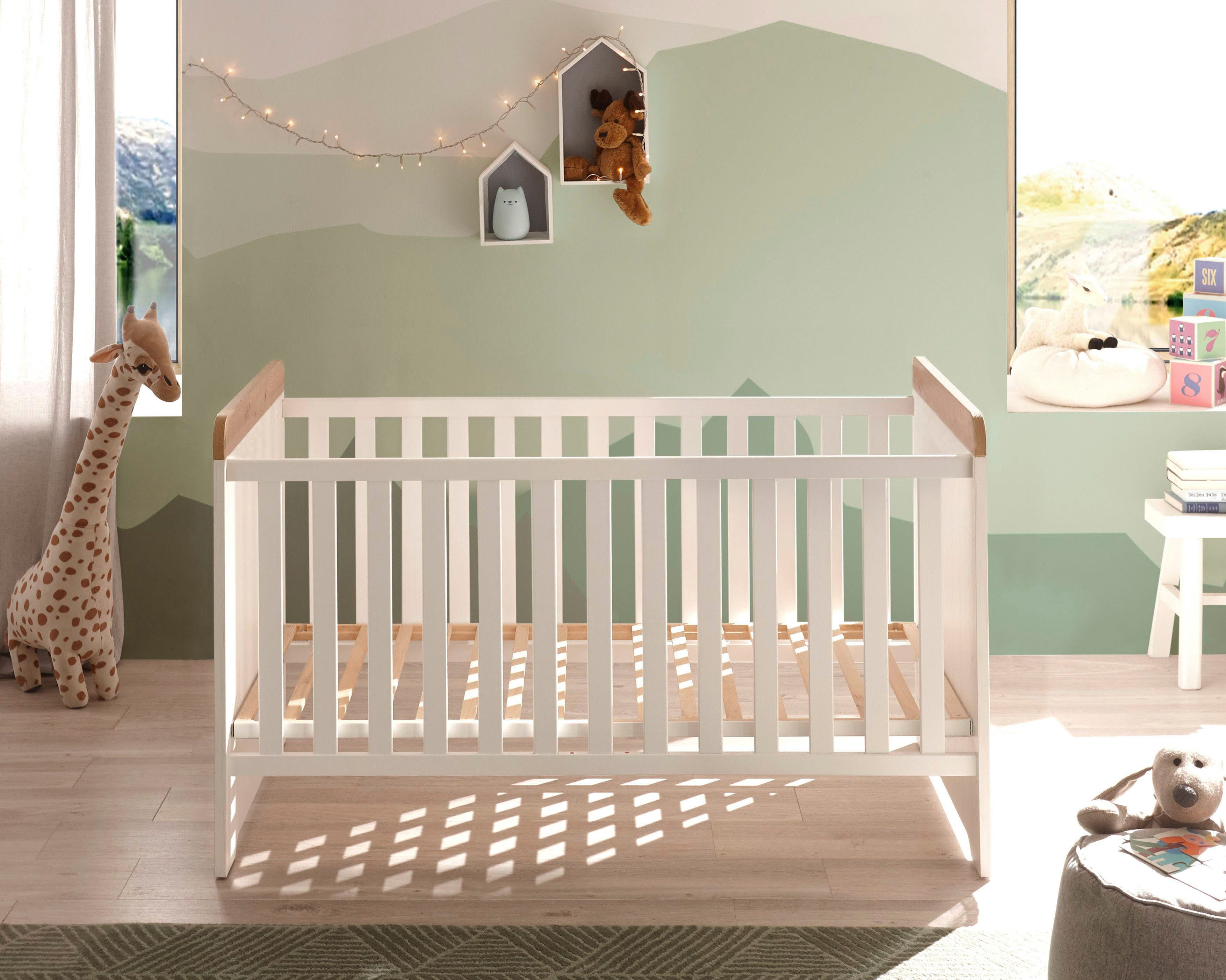 Begabino Babybett Jasmin passend zum Babyzimmer, 70x140 cm inklusive Lattenrahmen, Landhausstil mit 3 Schlupfsprossen