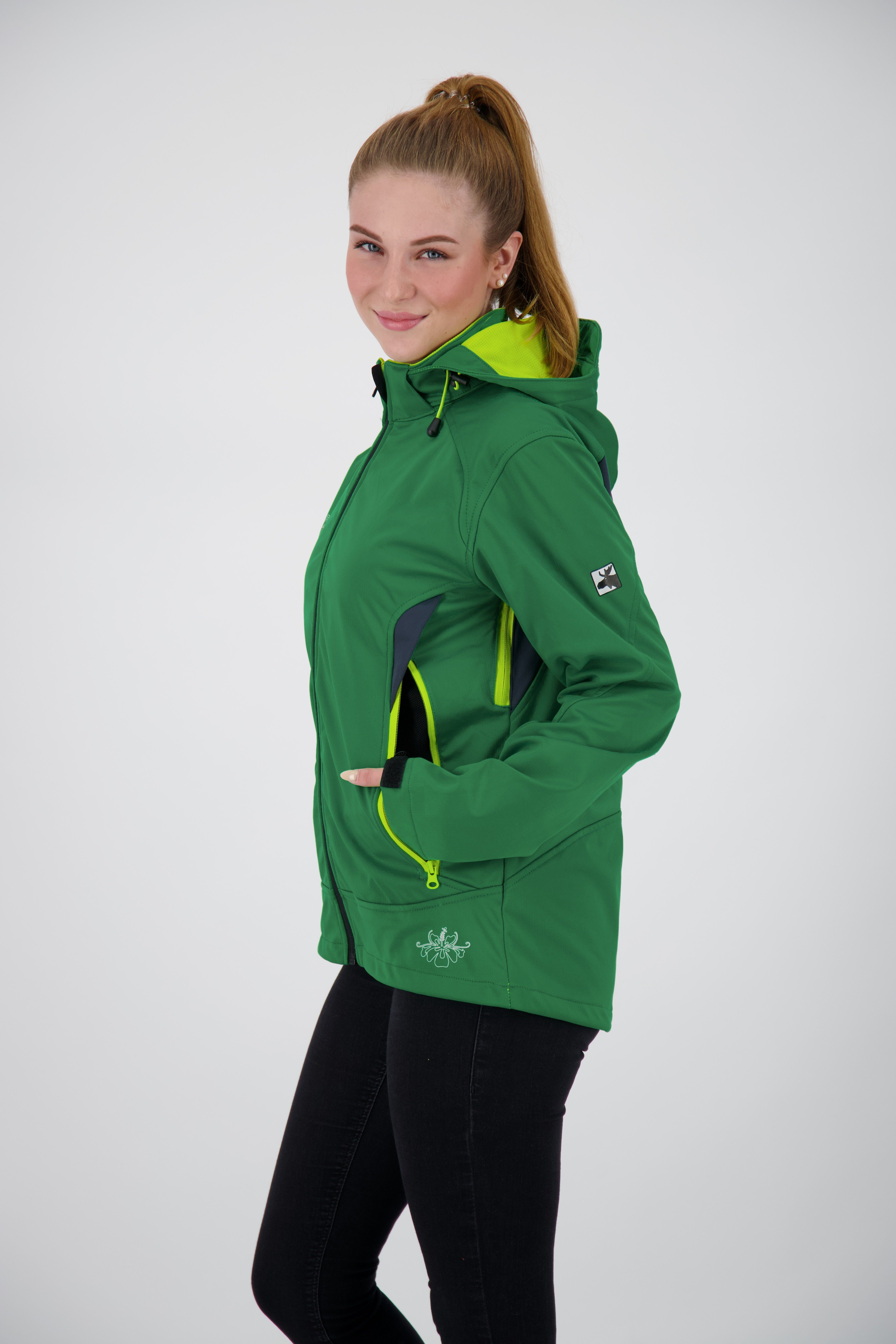 Auch abnehmbarer Active CS Ventialtionsreißverschlüsse, Größen Softshelljacke Peak WOMEN NEW green Downton in mit erhältlich, Großen Kapuze DEPROC