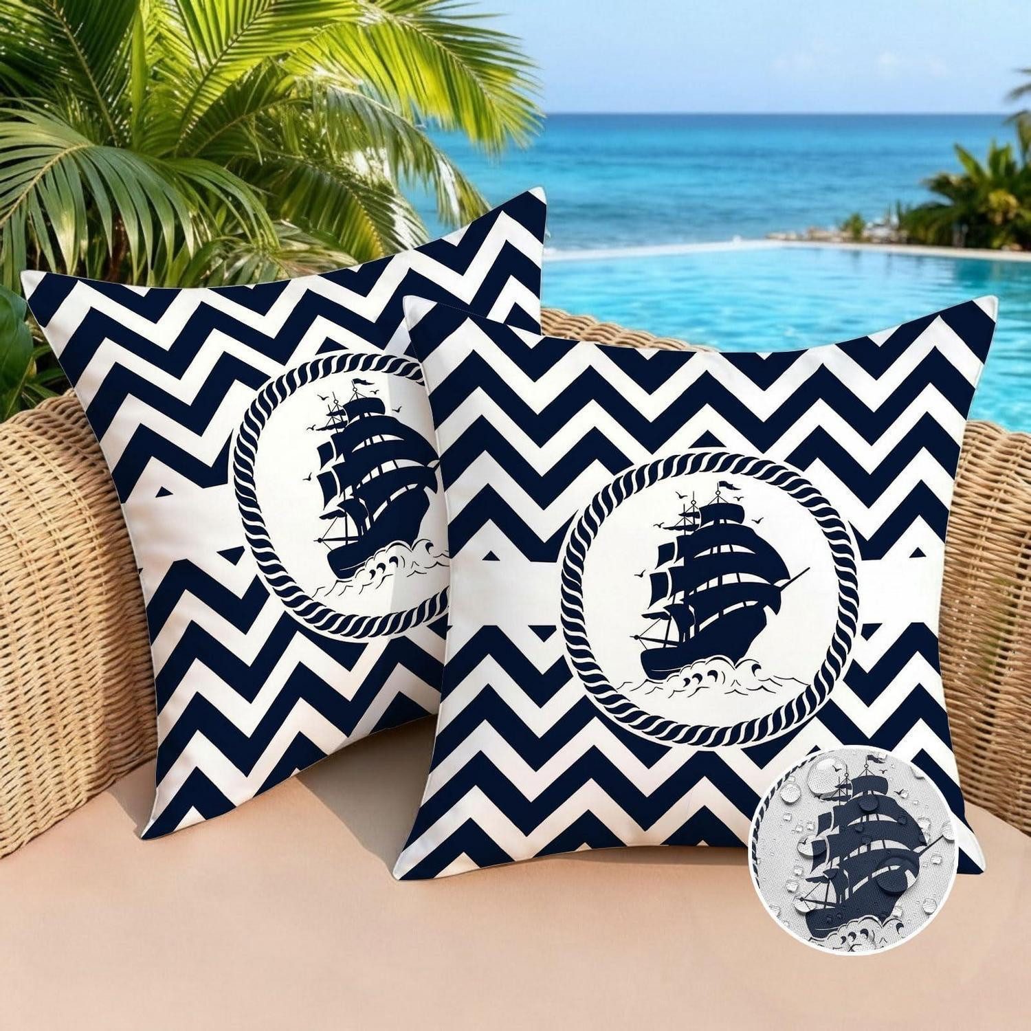 LuxusKollektion Kissenhüllen Kissenbezug Outdoor 50x50 Gestreift Blau Maritim 2er Set, (2 Stück)