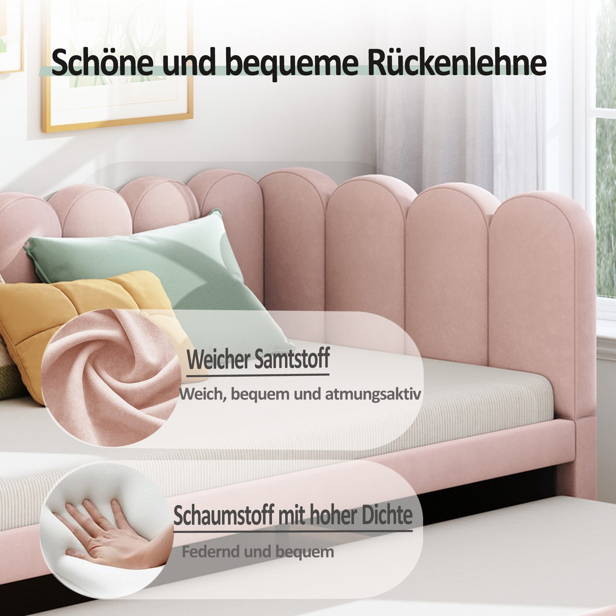 MODFU Schlafsofa Samt-Polsterbett, Kinderbett, L-Form mit Ausziehbett, 90/180x200 cm, 2-in-1 Gästebett, platzsparend & luxuriös gepolstert, ohne Matratze