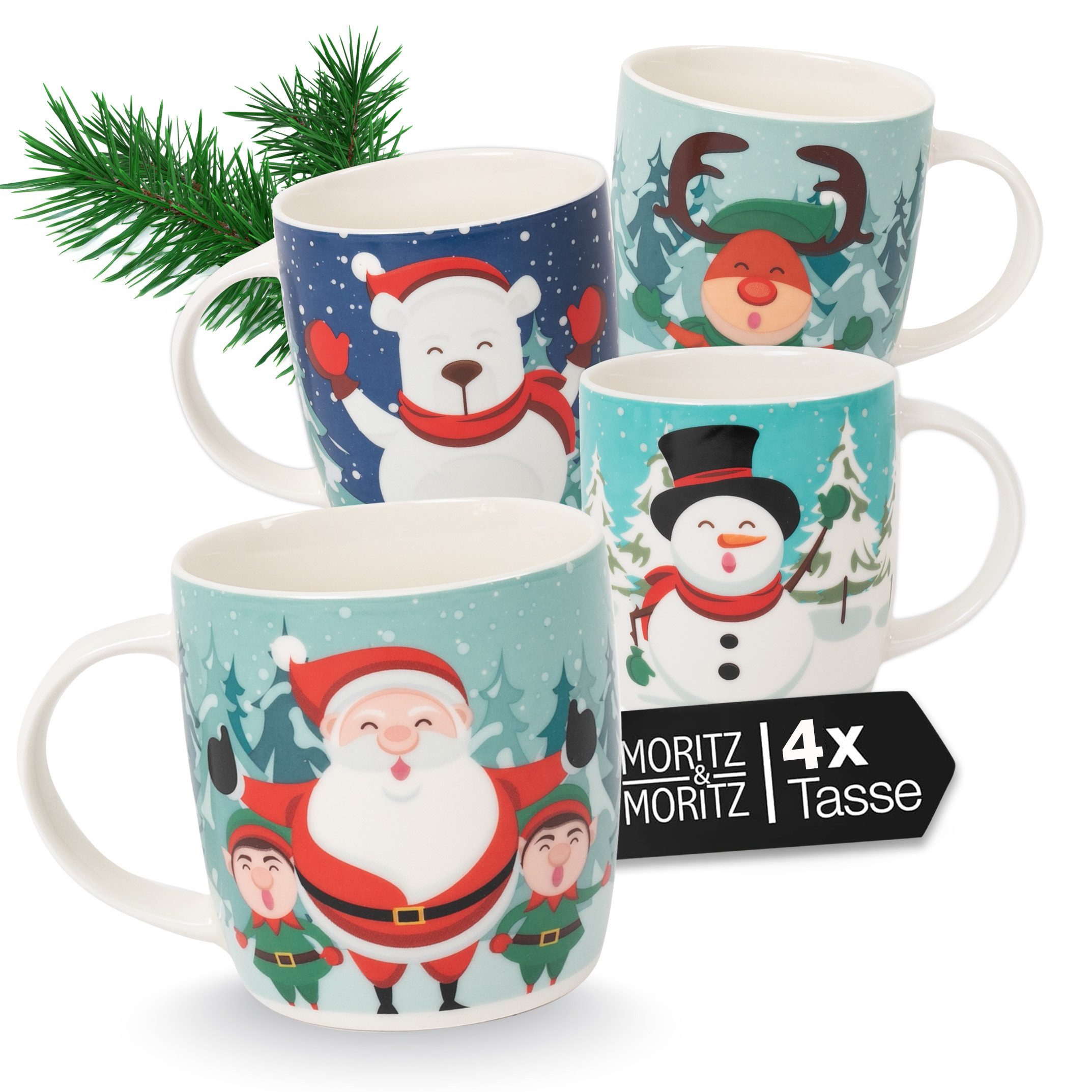 Moritz & Moritz Tasse Weihnachten 4er Set Kaffeebecher, Porzellan, Weihnachtliche Motive aus Hochwertigem Porzellan, Mikrowellensicher