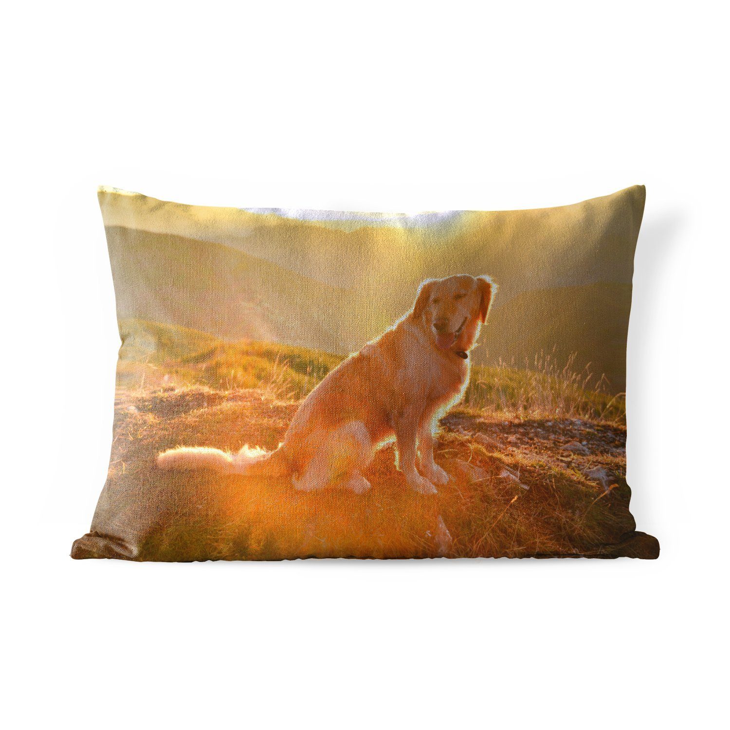 MuchoWow Dekokissen Sonnenstrahlen glänzen über einem Golden Retriever, Outdoor-Dekorationskissen, Polyester, Dekokissenbezug, Kissenhülle